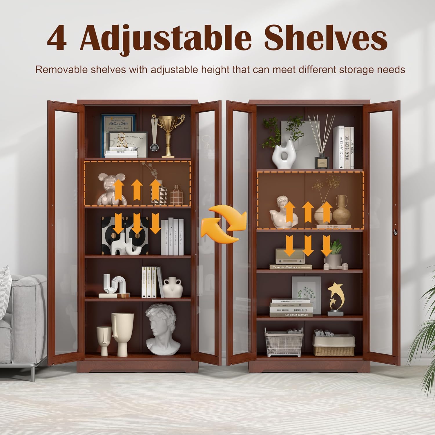 SteeLoong 71' Glass Display Cabinet with Lock,Curio Cabinet with Glass Doors, Metal Display Case with 4 Adjustable Shelves, Brown Bookcase Locking Storage Cabinets for,Liquor,Commercial