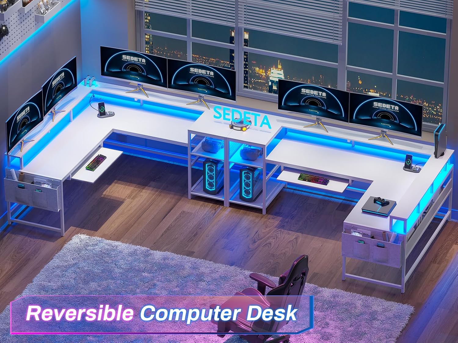 SEDETA L Shaped Gaming Desk, Reversible Computer Desk, Gaming Desk with Power Outlets & LED Strip, Monitor Shelf, Keyboard Tray, Pegboard and Storage Shelves for Home Office, White