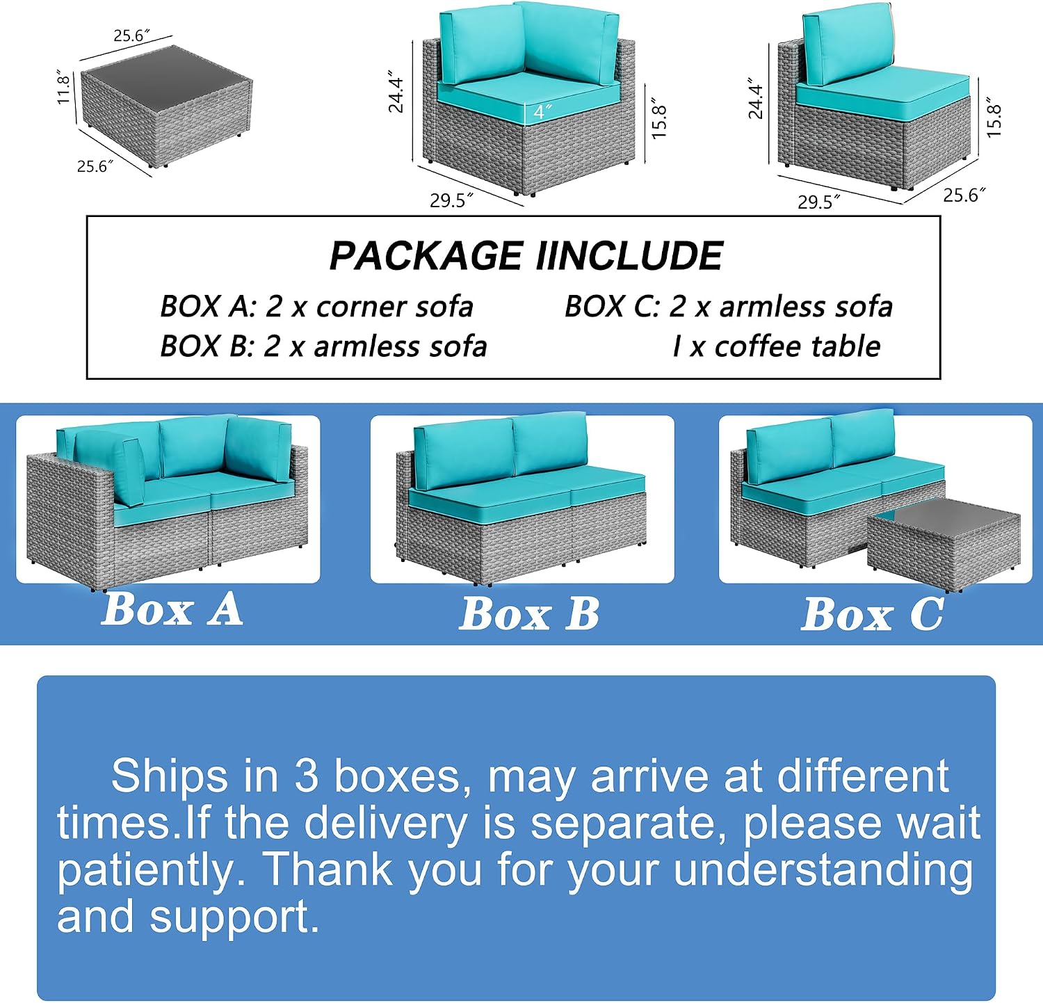 Shintenchi 7 Pieces Outdoor Patio Furniture Sets, Patio Sectional Sofa Couch, Silver Gray PE Wicker Furniture Modular Patio Conversation Sets Patio Sofa with Washable Cushions & Coffee Table (Blue)