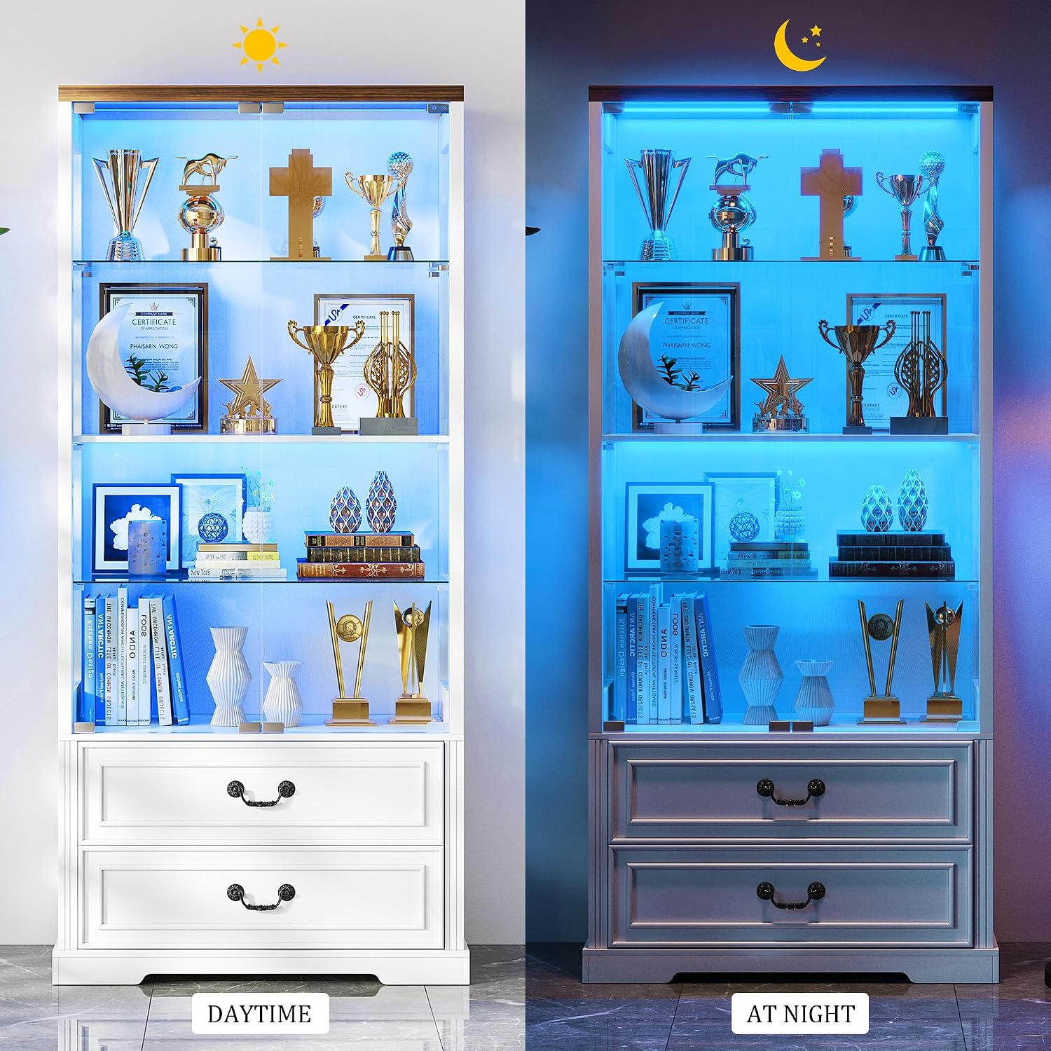 FREDEES Display Cabinet with Glass Doors,67' Adjustable Display Shelf with 2 Drawers and 4 Tier Curio Cabinet,Tall Bookcase with 3 Color Lights and Human Body Sensor for Toys,Books（White）