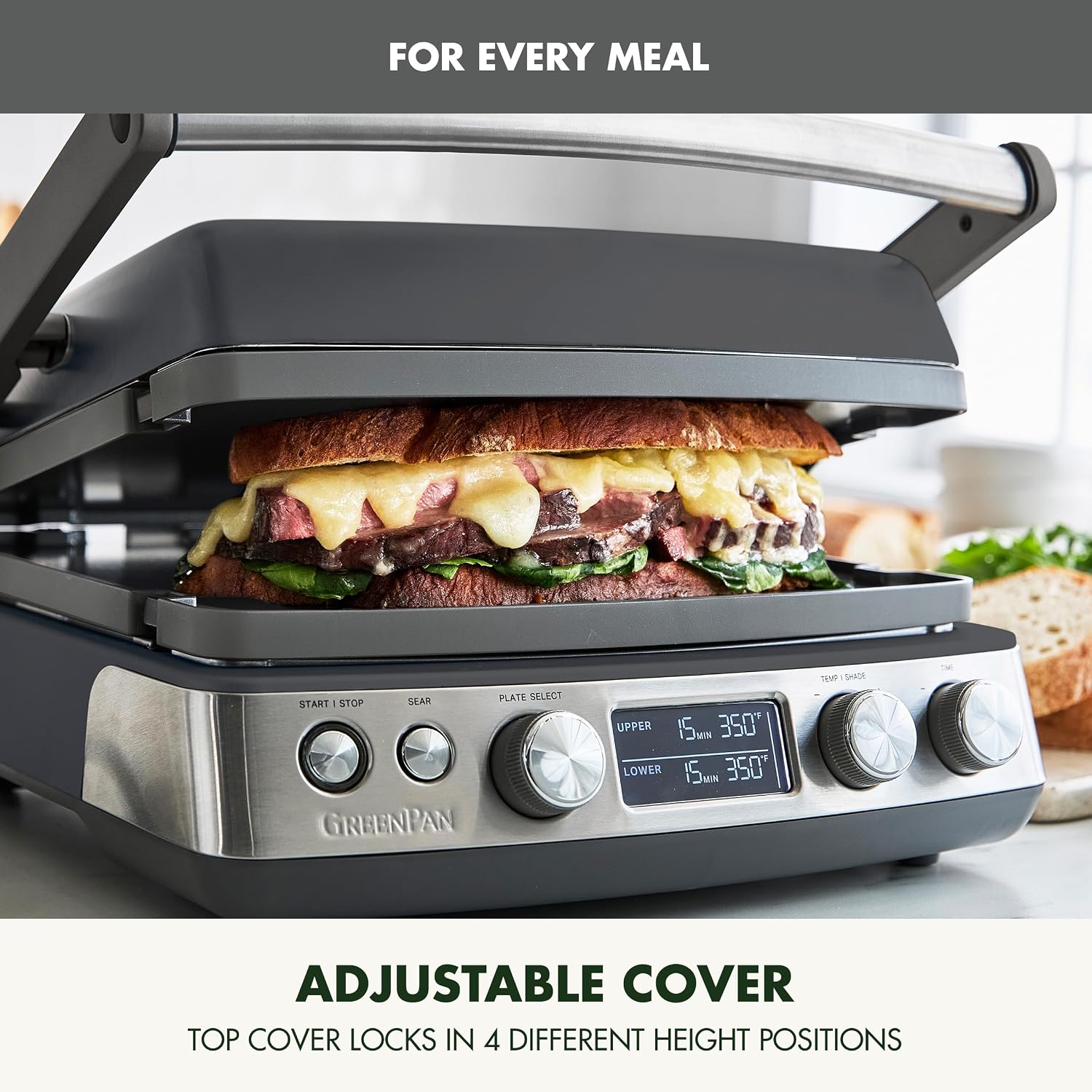 GreenPan Elite 7-in-1 Multi-Function Contact Grill & Griddle, Healthy Ceramic Nonstick Reversible Plates, Adjustable Shade & Shear, Closed Press/Open Flat Surface, PFAS-Free, Graphite