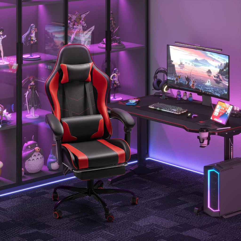 Homall Gaming Chair, Video Game Chair with Footrest and Massage Lumbar Support, Ergonomic Computer Chair Height Adjustable with Swivel Seat and Headrest (Red)