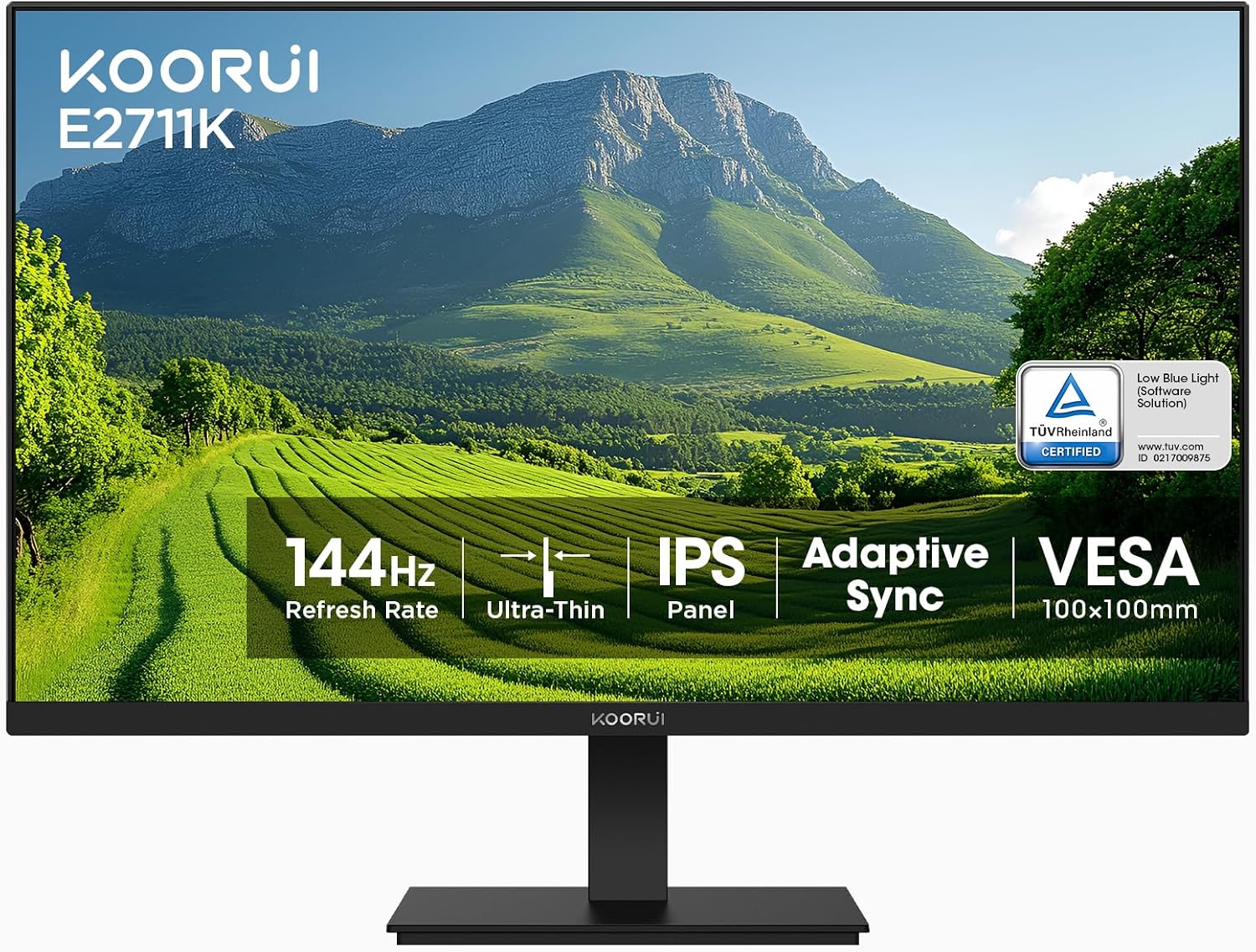 KOORUI 27 Inch Gaming Office Monitor 144Hz IPS Display, FHD 1080P with FreeSync, Eye Care TÜV Rheinland Certified with Slim Bezels, HDMI VGA Ports, Ergonomic Tilt, VESA Mount, Black