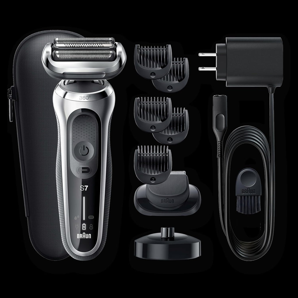 Braun Electric Razor for Men, Waterproof Foil Shaver, Series 7 7027cs, Wet & Dry Shave, with Beard Trimmer, Rechargeable, Charging Stand and Travel Case Included, Silver Black