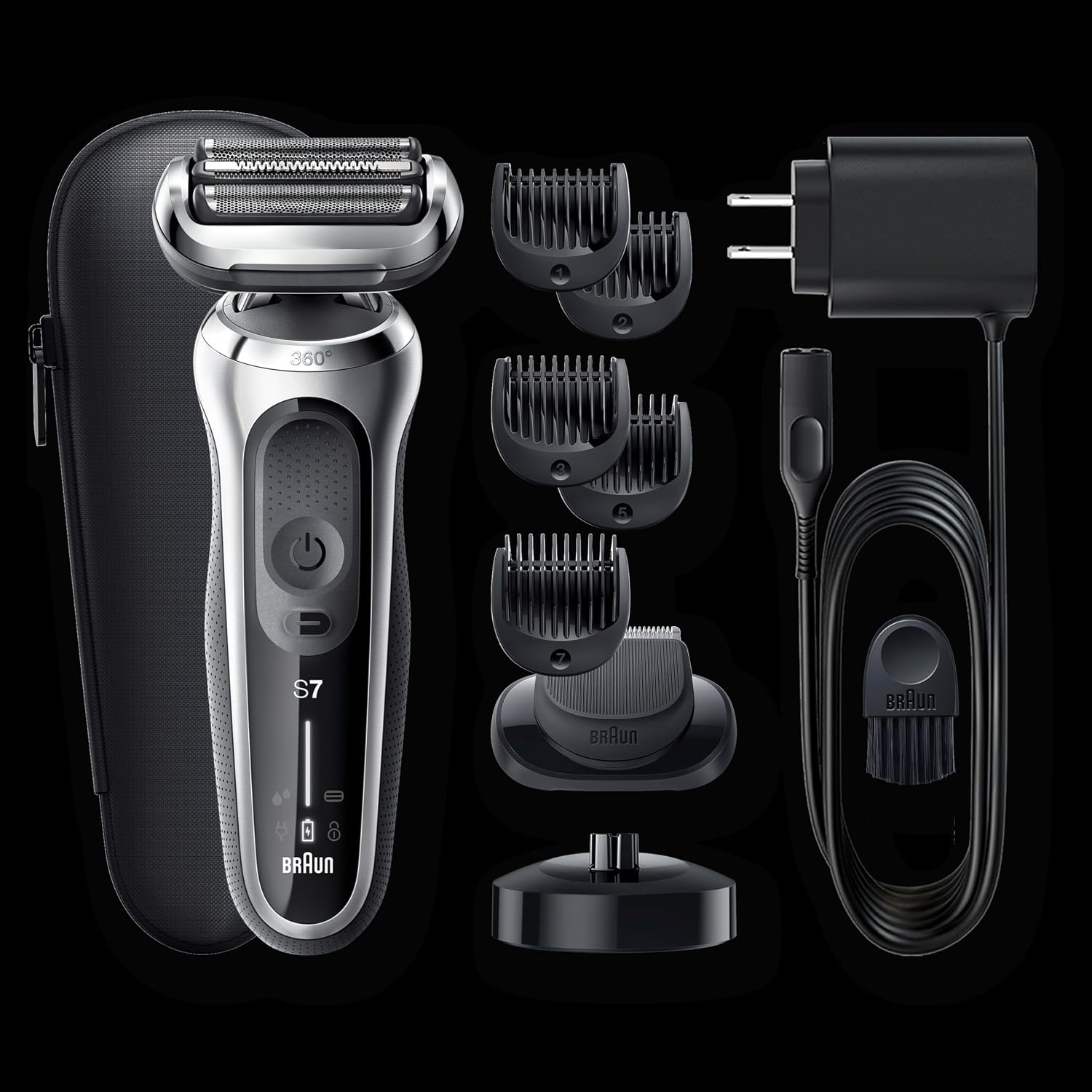 Braun Electric Razor for Men, Waterproof Foil Shaver, Series 7 7027cs, Wet & Dry Shave, with Beard Trimmer, Rechargeable, Charging Stand and Travel Case Included, Silver Black
