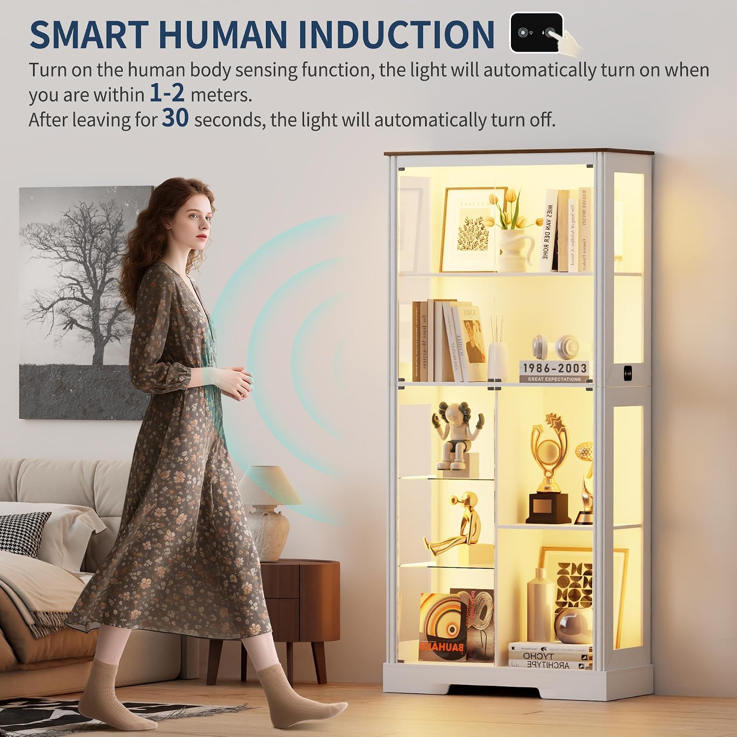 HNEBC 71'' Display Cabinet with 5-Tier and 3 Color Lights for Books Toys Liquor,Curio Cabinet with Human Body Bookcases for Bedroom, Living Room,White