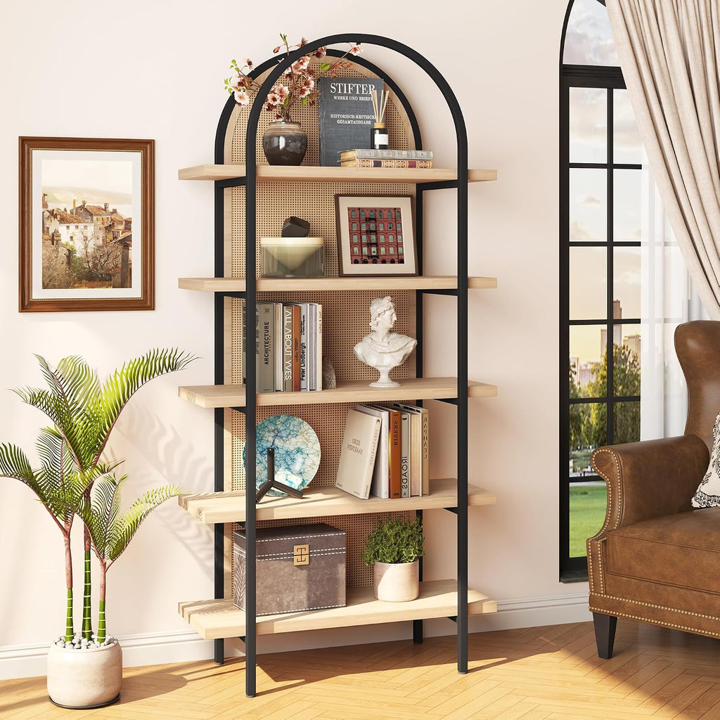 Yusong Bookshelf Rattan 5 Tier Arched Bookcase, 74' Tall Industrial Open Book Shelves for Living Room, Modern Freestanding Display Shelving Boho Storage Rack with Metal Frame for Office, Brown