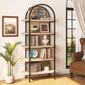 Yusong Bookshelf Rattan 5 Tier Arched Bookcase, 74' Tall Industrial Open Book Shelves for Living Room, Modern Freestanding Display Shelving Boho Storage Rack with Metal Frame for Office, Brown