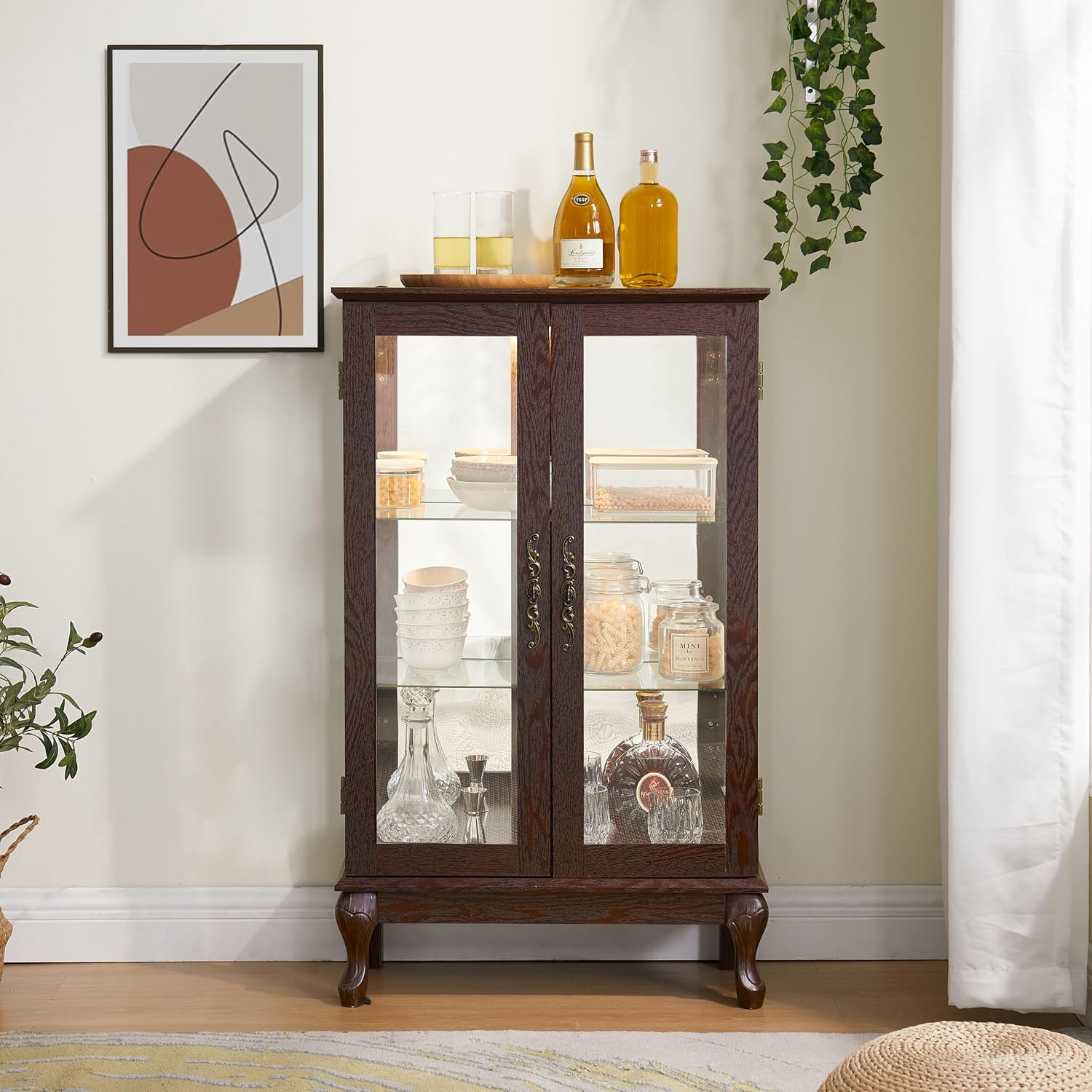 43' H Lighted Curio Cabinet Display Case, Glass Curio Cabinet with Adjustable Shelves and Tempered Glass Door, Wooden Cabinets w/Mirrored Back Pane for Living Room (Dark Cherry)