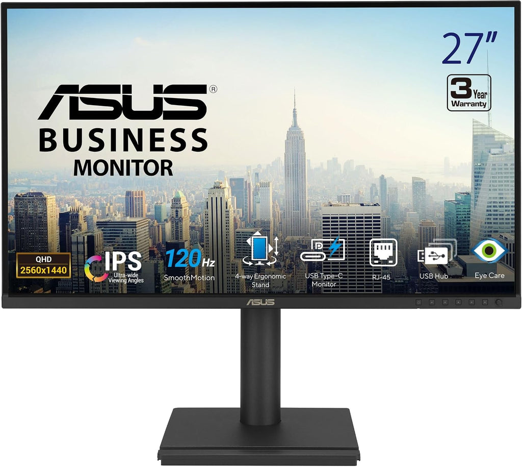 ASUS 27' 1440P USB-C RJ45 Docking Monitor (BE27ACGN) – QHD (2560x1440), IPS, 120Hz, Frameless, Speakers, Height Adjustable, DisplayPort Daisy-Chain, Power Sync, Eye Care, 3 yr Warranty