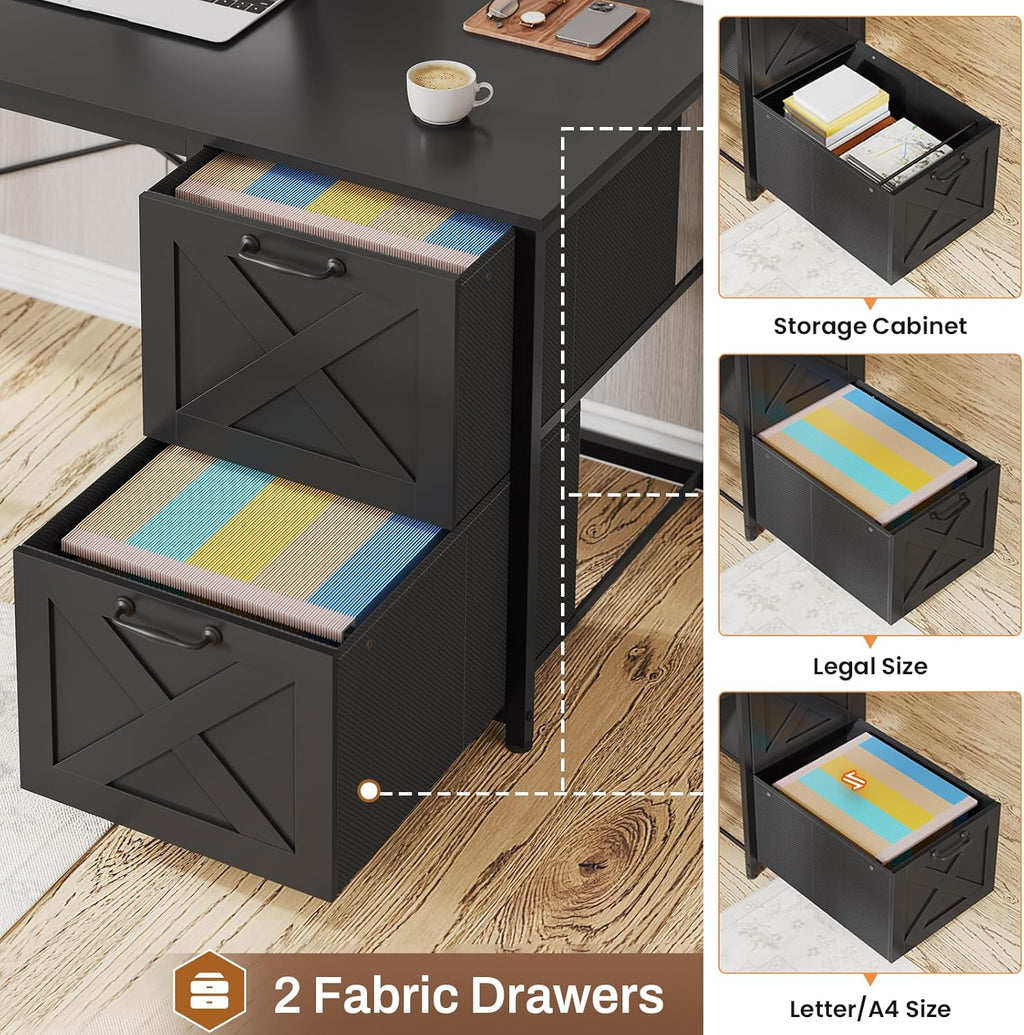 SEDETA Corner Computer Desk, Reversible L Shaped Computer Desk with Fabric Drawers and Power Outlet, Gaming Desk with Led Lights, Hutch and Storage Shelf for Home Office, Black
