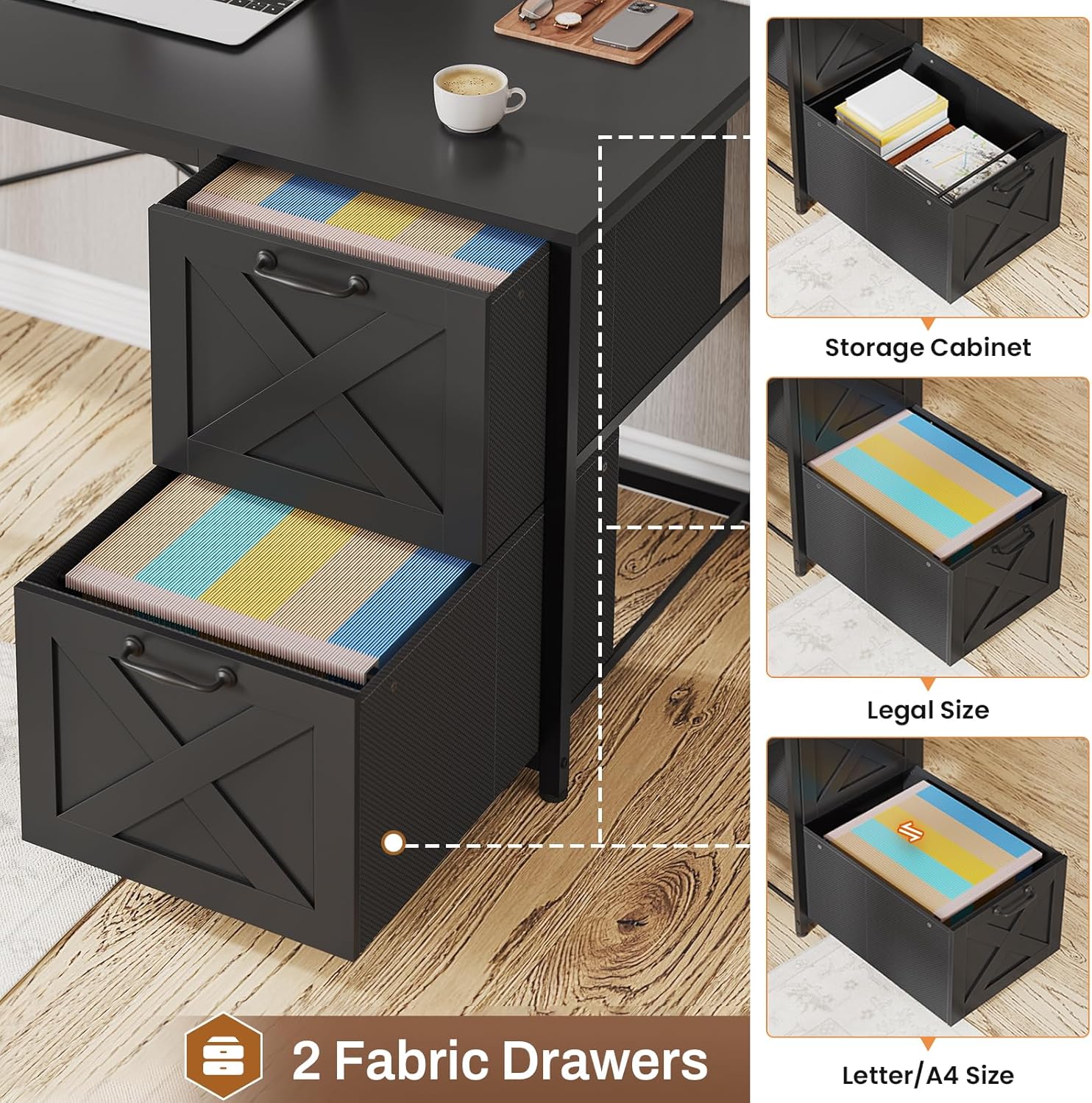 SEDETA Corner Computer Desk, Reversible L Shaped Computer Desk with Fabric Drawers and Power Outlet, Gaming Desk with Led Lights, Hutch and Storage Shelf for Home Office, Black