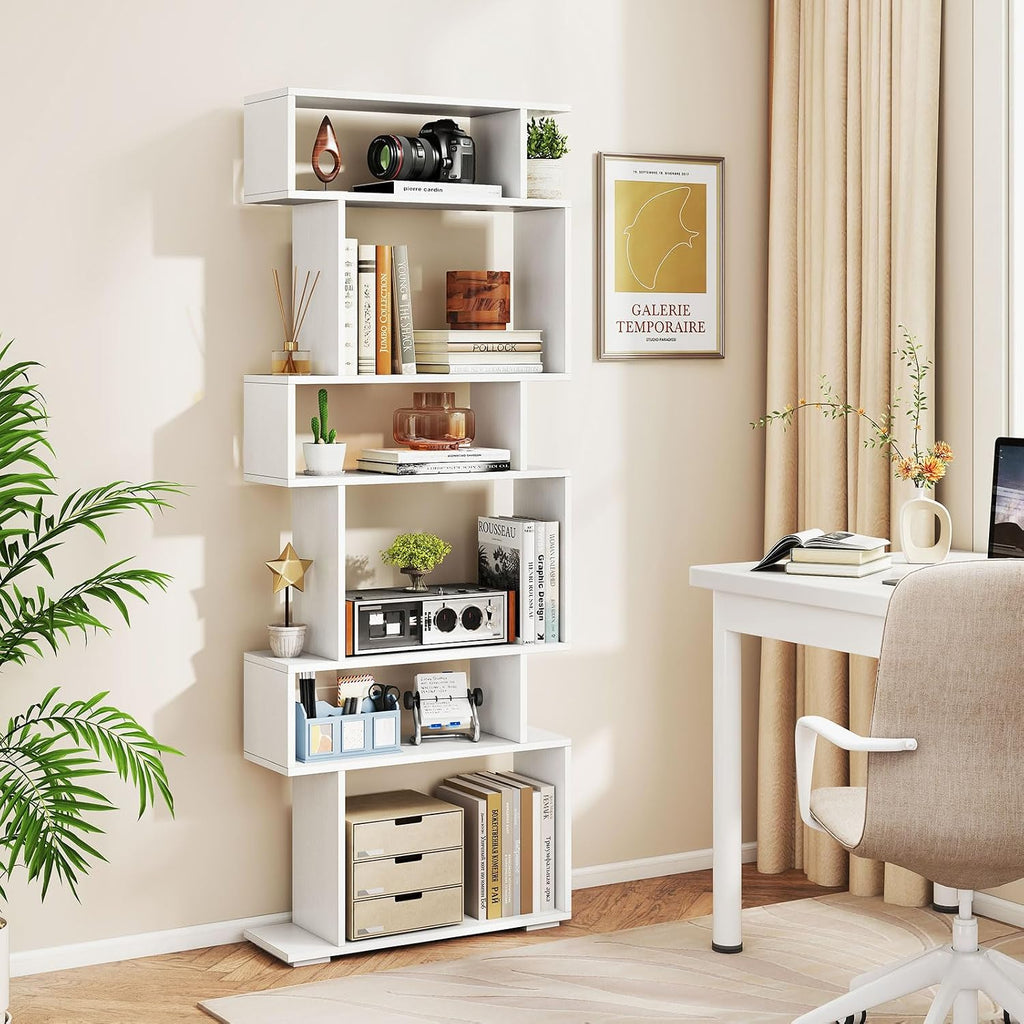 Giantex 6-Tier Geometric Bookshelves Set of 2, S-Shaped Bookcase with 2 Anti-Tipping Kits, Wooden Display Shelf, Decorative Storage Shelving Unit, Home Storage Organizer for Office Living Room, White