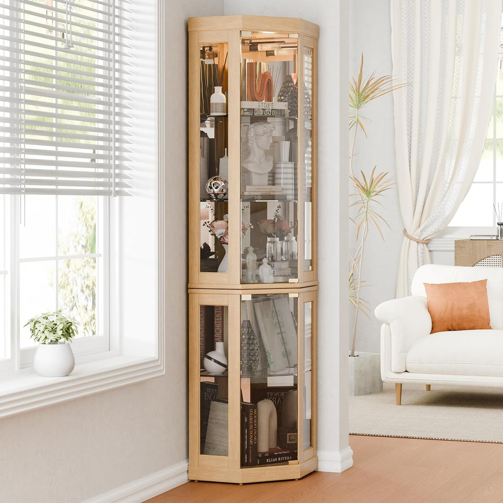 70' H Lighted Corner Curio Cabinet, Curio Cabinet with Tempered Glass Doors and Shelves, Corner Display Case with Light Bulb for Living Room, Dining Room, Light Oak