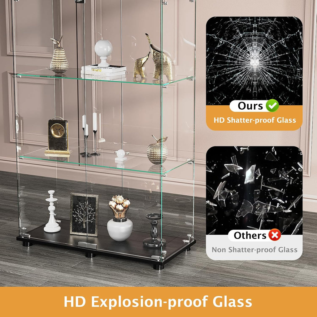 ROOMTEC Glass Display Cabinet with 4 Shelves, Double Doors, Floor Standing Display Cage, for Living Room Bedroom Office, 64 x 31.7 x 14.3 in, Black
