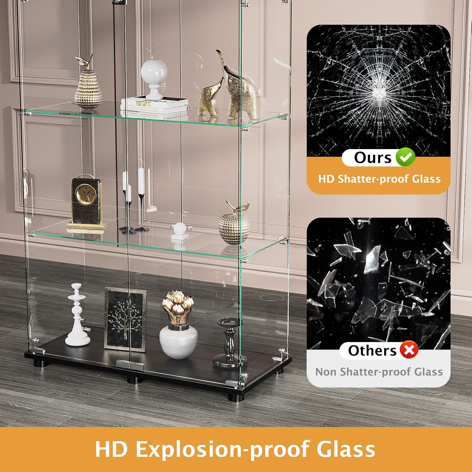 ROOMTEC Glass Display Cabinet with 4 Shelves, Double Doors, Floor Standing Display Cage, for Living Room Bedroom Office, 64 x 31.7 x 14.3 in, Black