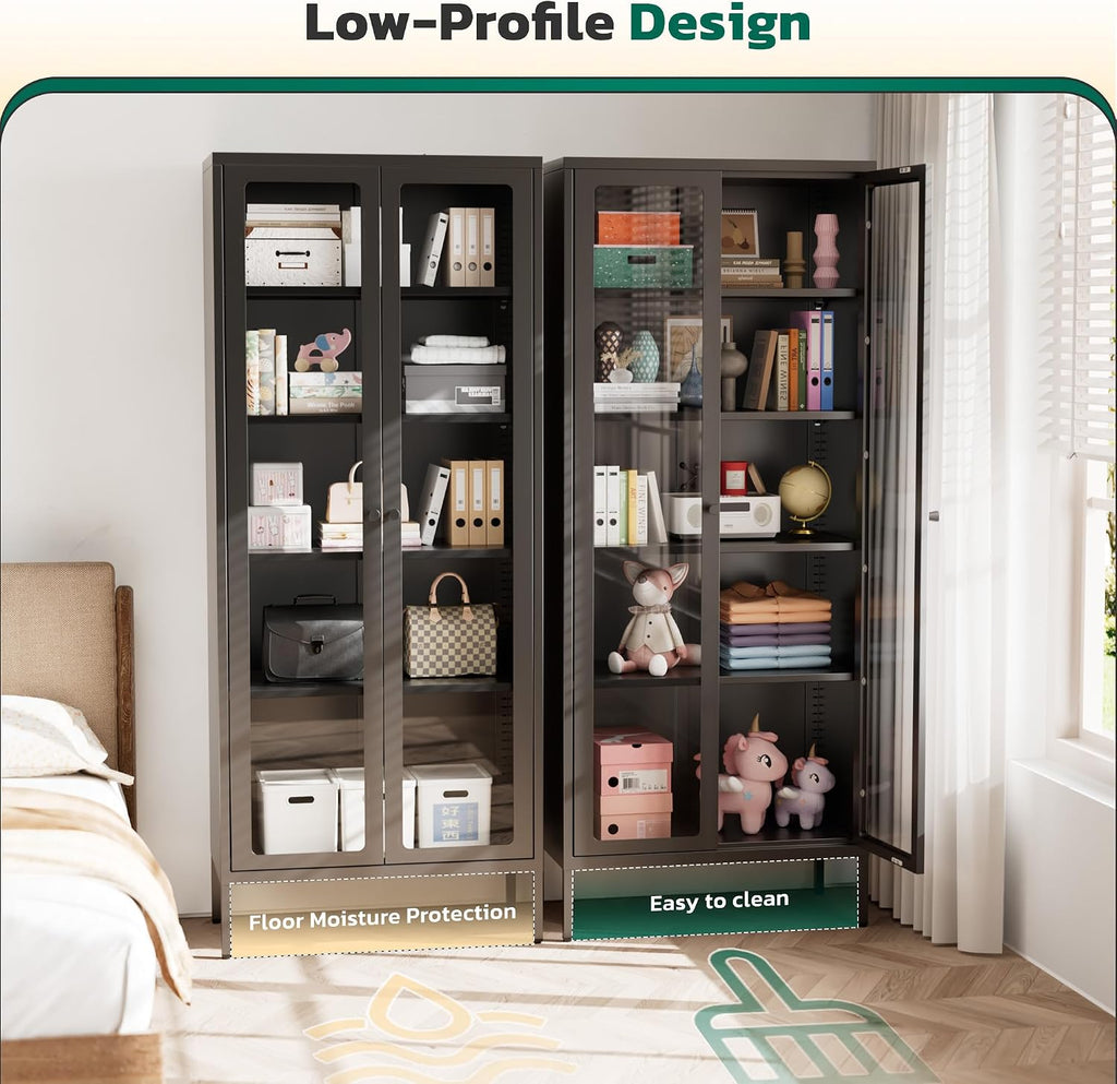 Greenvelly Metal Glass Display Cabinet with 5-Tier Storage Shelves, Tall Curio Cabinet with Glass Doors and Shelves, Black Steel Cabinet Collectibles Display Case for Home Office, Living Room, Pantry