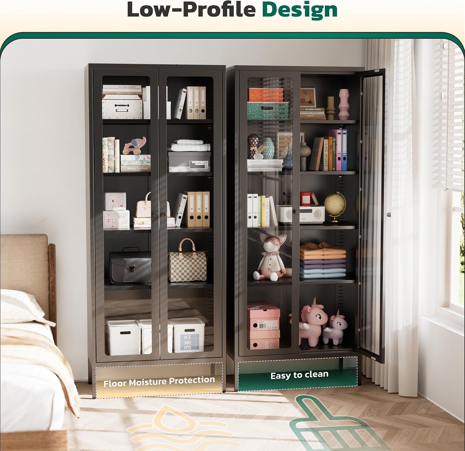 Greenvelly Metal Glass Display Cabinet with 5-Tier Storage Shelves, Tall Curio Cabinet with Glass Doors and Shelves, Black Steel Cabinet Collectibles Display Case for Home Office, Living Room, Pantry