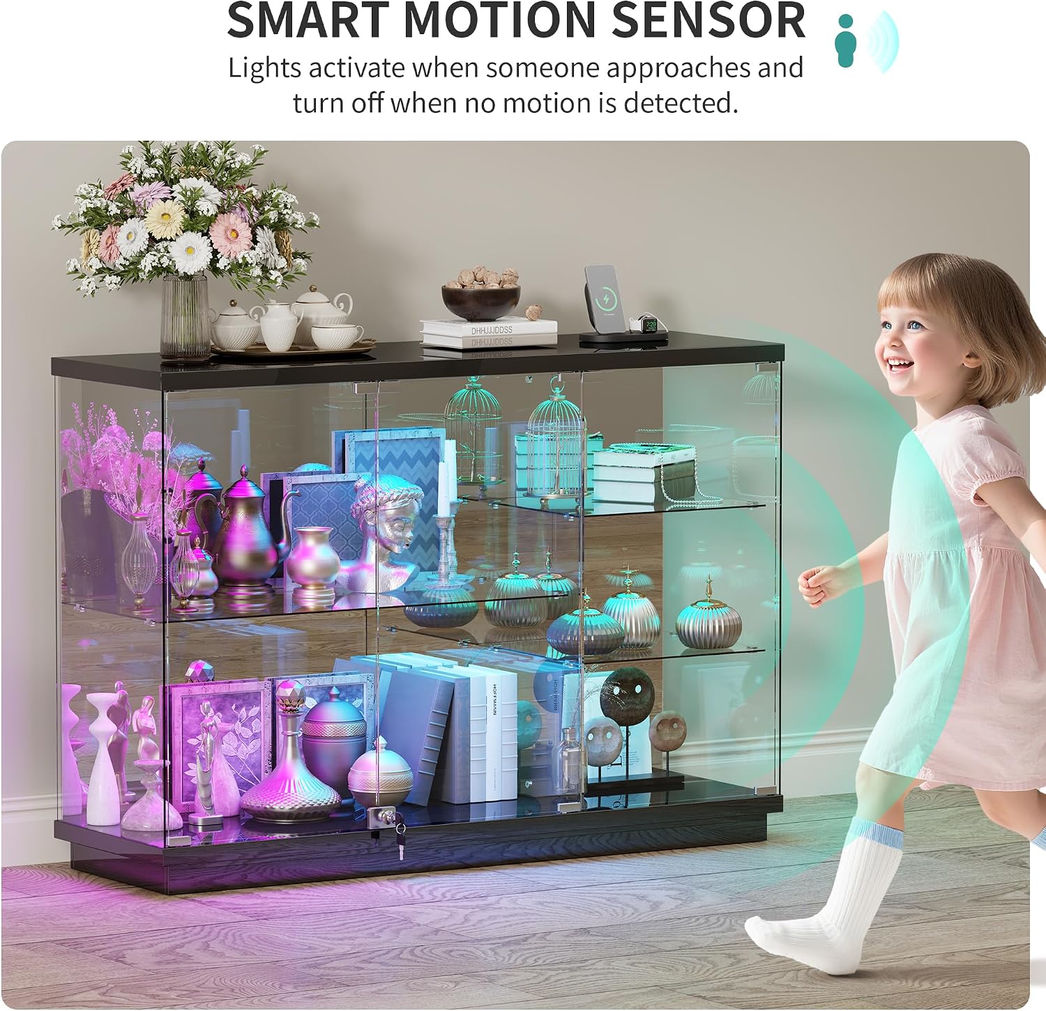 HNEBC 5-Tier Lockable Display Cabinet - with Glass Door,47.2' W Glass Display Case with 7+5 Lights Modes for Collectibles,Lighted Cuiro Cabinet with Human Sensor,China Cabinet for Living Room