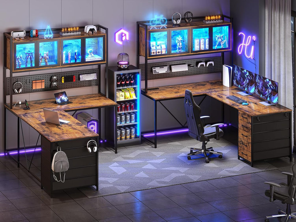 SEDETA L Shaped Gaming Desk with Drawers, L Shaped Computer Desk with Hutch and Storage Shelves, Gaming Desk with Pegboard, Led Lights, and Power Outlet, Home Office Desk, Corner Desk, Rustic Brown