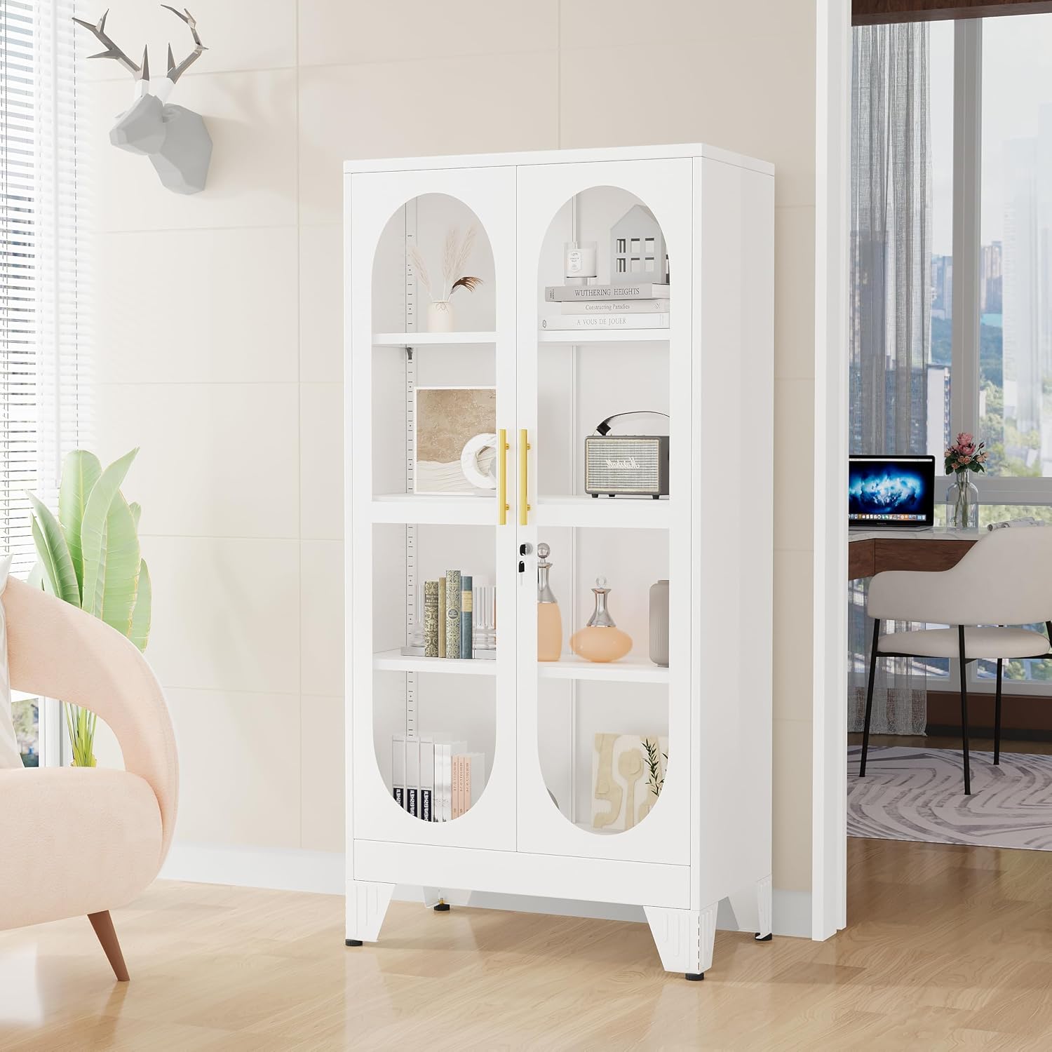 GAIOUS 61' Tall Metal Curio Cabinet, Display Cabinet with Glass Door, 4 Tier Liquor Cabinet with 3 Adjustable Shelves, Locking Glass Display Case for Collectibles, Showcase Storage Cabinets, White