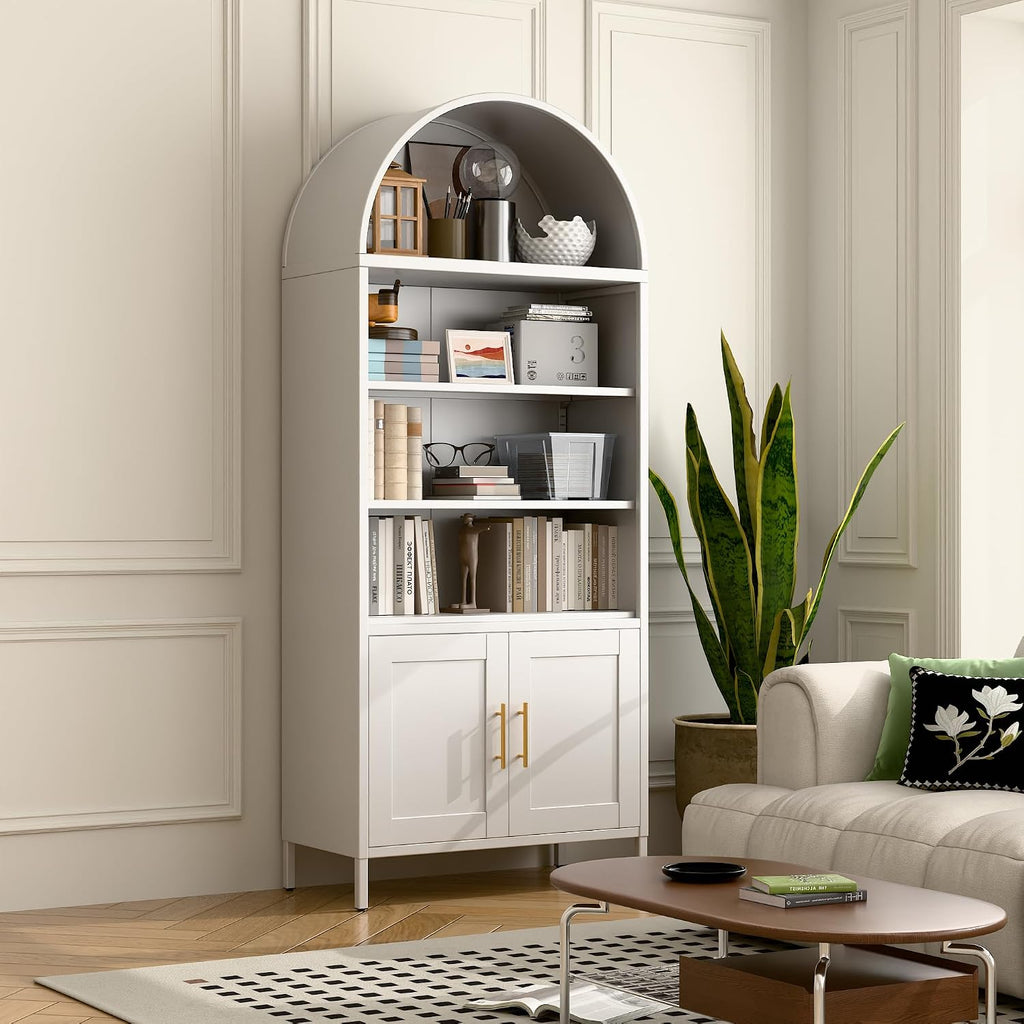 VEXPOR 73' Tall Metal Arched Bookcase with Doors, 5-Tier Arched Bookshelf with 2 Adjustable Shelves for Living Room, Home Office, Assembly Required, White, 15.35' D x 30.71' W x 72.83' H