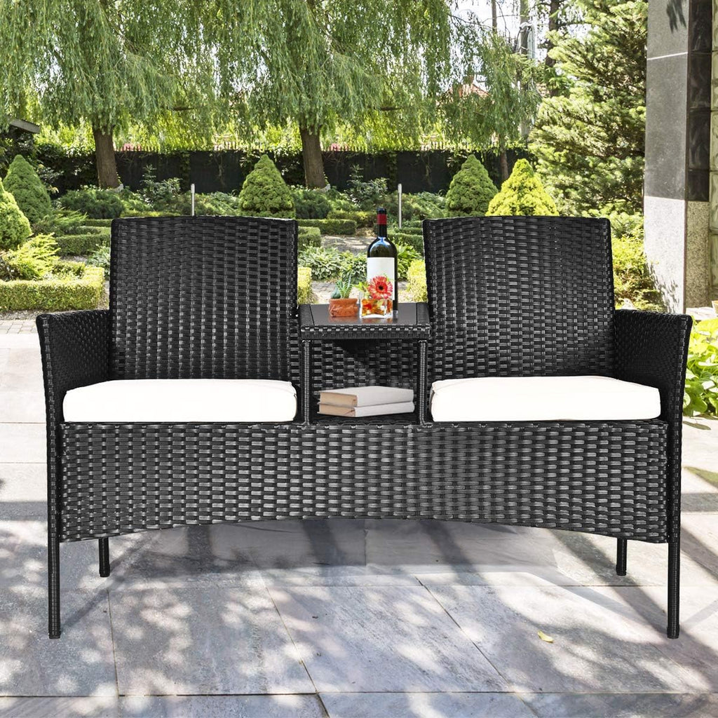 Tangkula Wicker Patio Conversation Furniture Set, Outdoor Furniture Set with Removable Cushions & Table, Tempered Glass Top, Modern Rattan Bench for Garden Lawn Backyard (White)