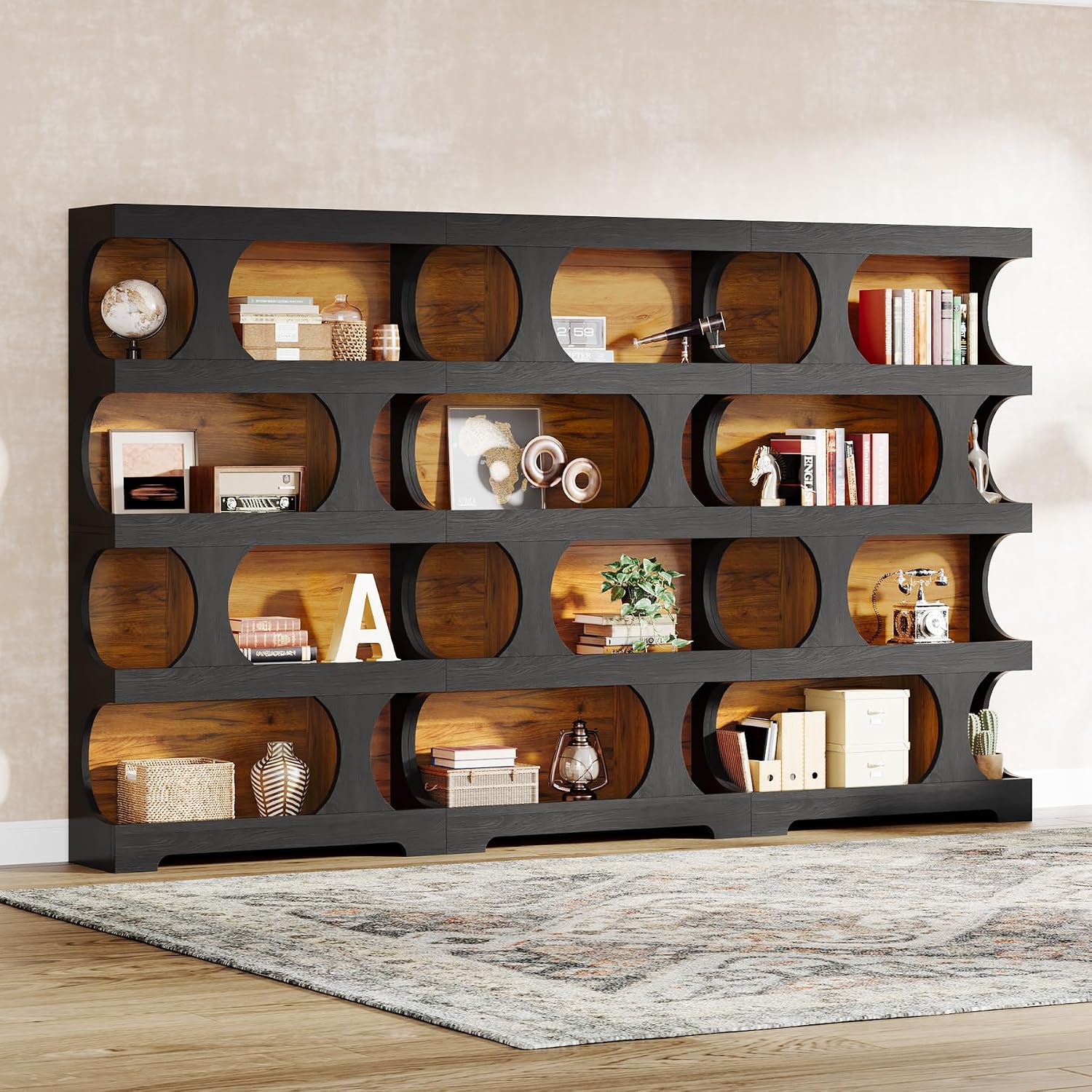 Tribesigns 71' Tall Bookcase Set of 2, 4-Tier S-Shaped Bookshelf, Wood Decorative Storage Shelving, Modern Freestanding Display Shelves, Large Library Bookshelf Unit for Home Office, Black & Brown