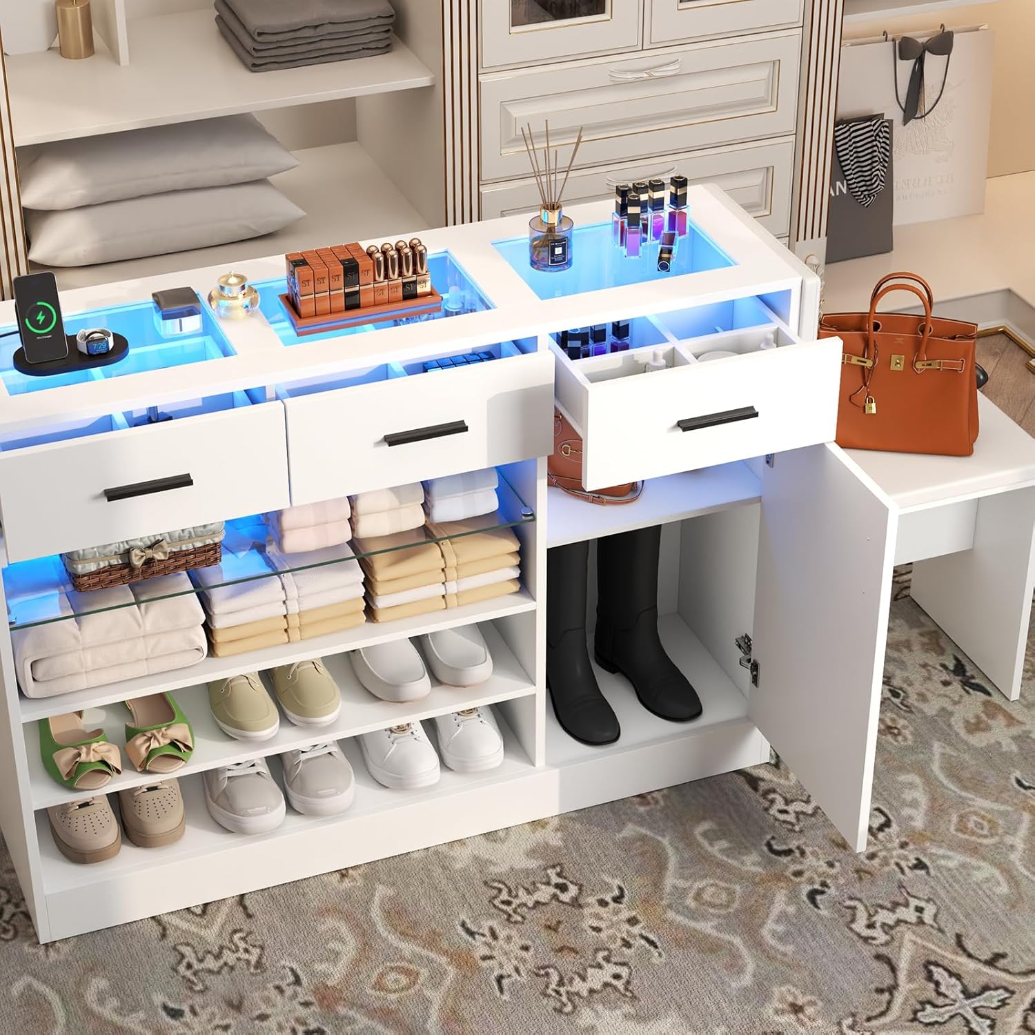 Wardrobe Armoire Closet with Charging & LED Light,Walk-in Closet Island Dresser with Glass Showcase,3 Drawers & Doors, Modern Storage Display Cabinet with Bench for Bedroom,Fitting Room & Shops（White）
