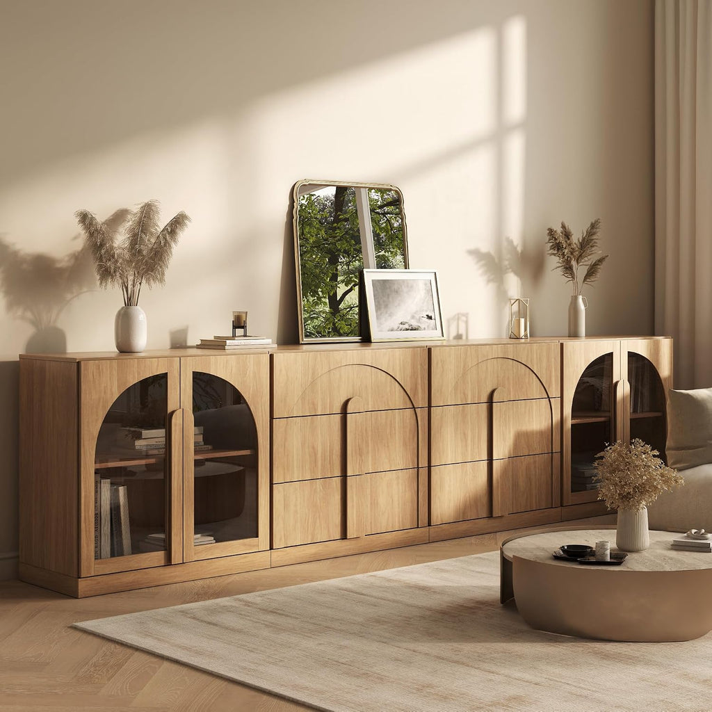 BELLEZE 4-Piece Modular Sideboard Buffet Cabinet Freely Configurable, Glass Door Storage with Adjustable Shelf and 3-Drawer Storage, Media Console Credenza for Living Room Kitchen, Camel