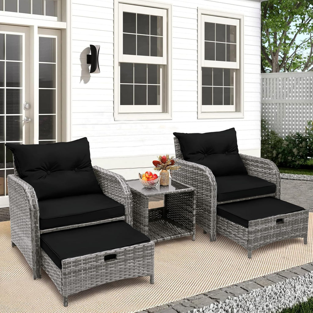 5 Pieces PE Wicker Outdoor Chairs with Ottoman, 5 PCS Rattan Patio Furniture Chairs with Pull Out Ottoman & Side Table for Porch Balcony Sunroom, Black
