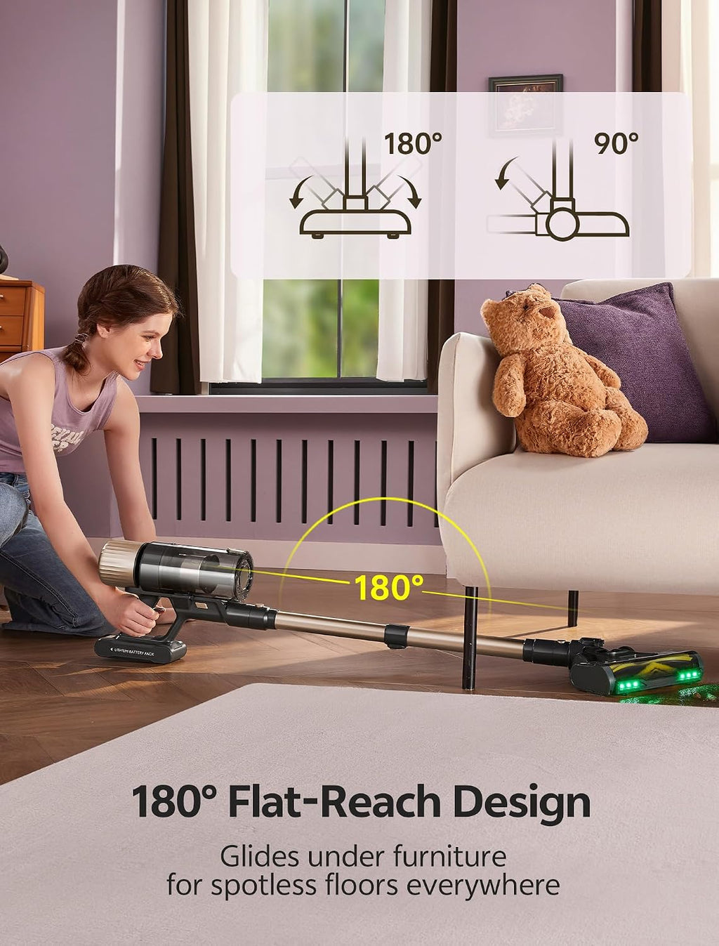 Ultenic Cordless Vacuum Cleaner, 600W 60KPA 65mins Vacuum Cleaners for Home, Cordless Stick Vacuum with Green Light, Self-Standing & 180° Lay-Flat, Anti-Tangled Brush for Floor/Carpet/Pet Hair