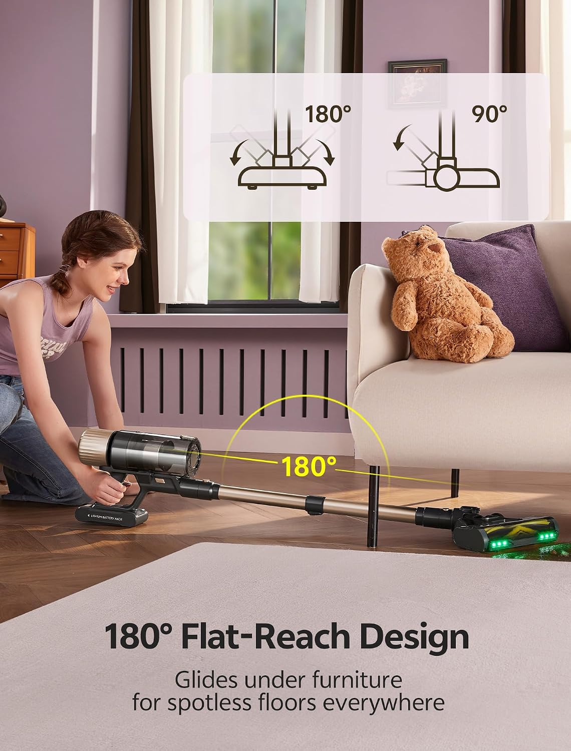 Ultenic Cordless Vacuum Cleaner, 600W 60KPA 65mins Vacuum Cleaners for Home, Cordless Stick Vacuum with Green Light, Self-Standing & 180° Lay-Flat, Anti-Tangled Brush for Floor/Carpet/Pet Hair