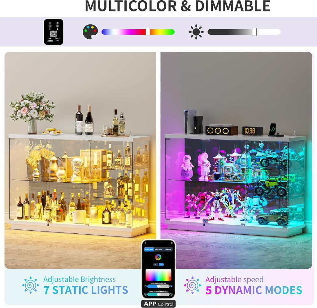 HNEBC 47.2' W Display Cabinet - with Lockable Glass Door,5-Tier Glass Display Case with 12 Lights Modes for Collectibles,Lighted Cuiro Cabinet with Human Sensor,China Cabinet,Living Room,White
