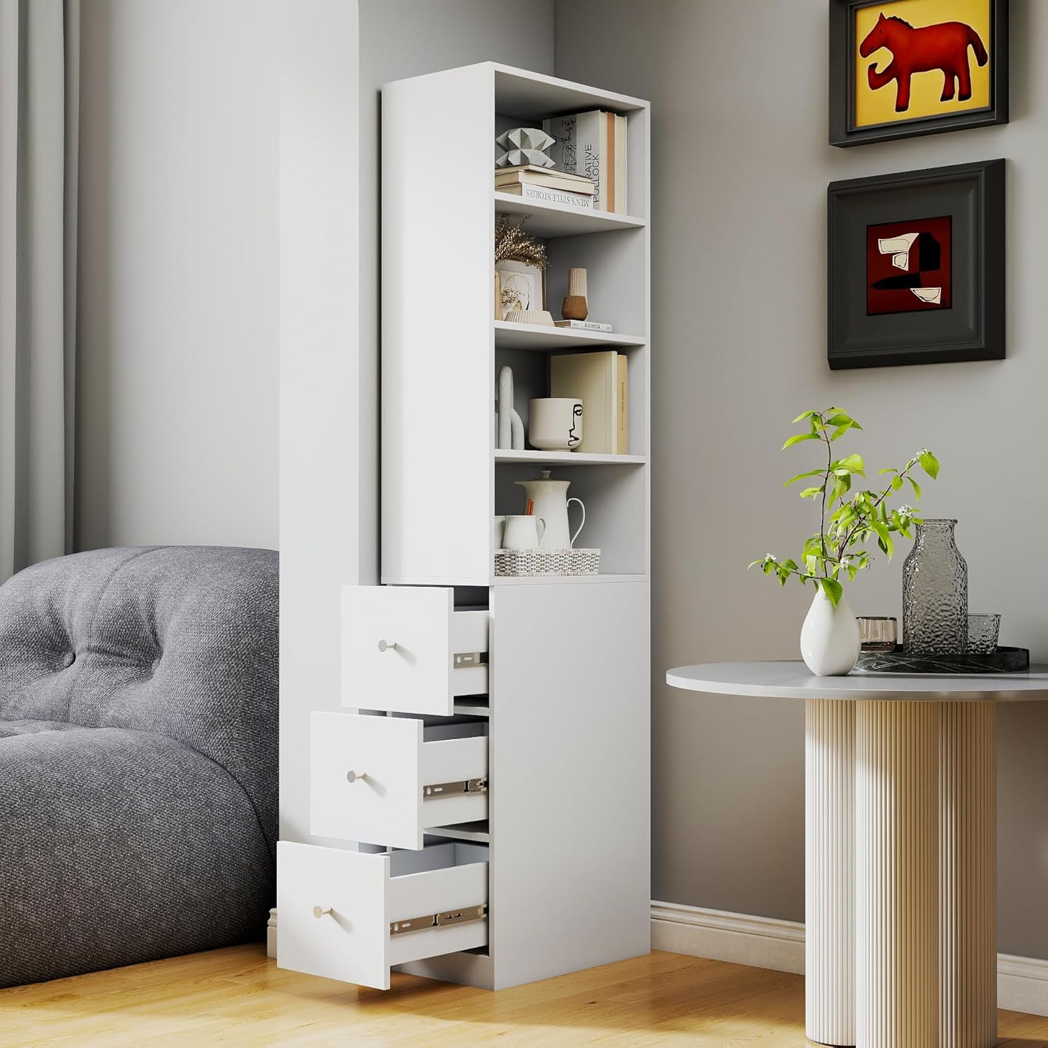 71' Wooden Melamine Finish Showcase Cabinet, Lego Display Case with 4-Tier Shelves, Lego Display Shelves with 3 Side Drawers for Living Rooms, Home Offices, Kitchens, White