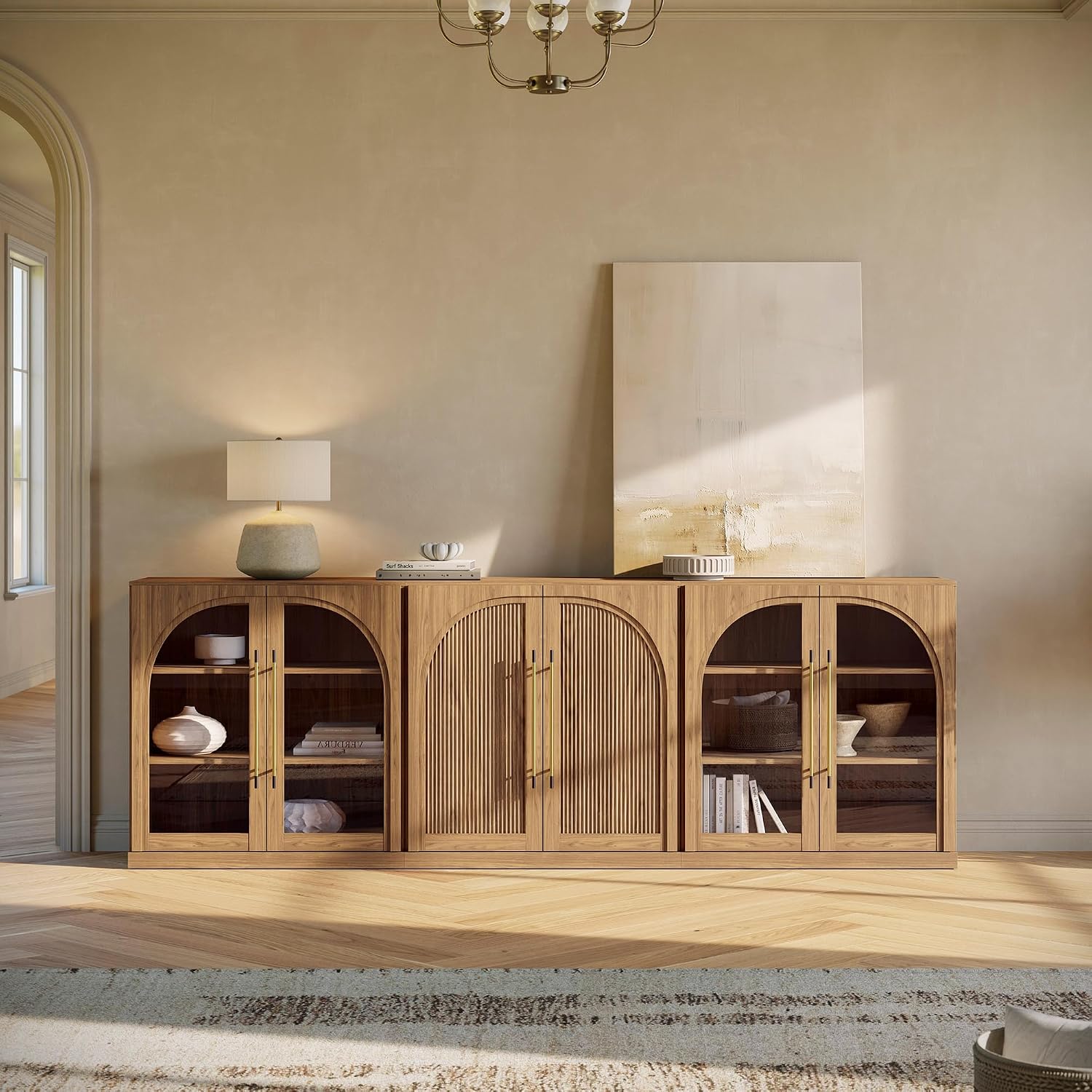 BELLEZE 3-Piece Modular Buffet Cabinet with Storage Freely Configurable, 97'' Modern 2 Arched Glass Door Sideboards and 1 Double-Arc Wood Door Credenza for Dining Room Living Room Entryway - Camel
