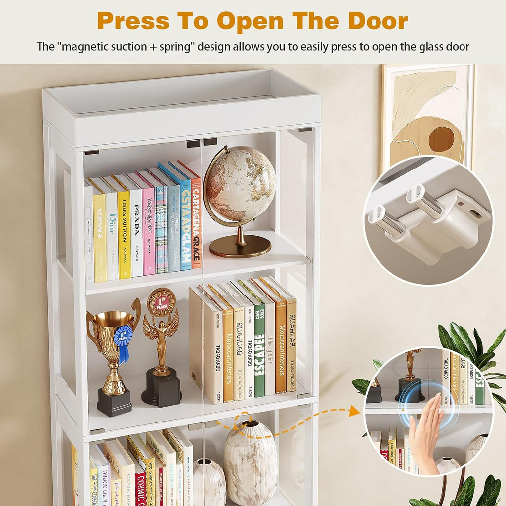 70.1' Display Cabinet with Glass Doors,4-Tier Curio Cabinet for Collectibles, Tempered Glass Display Case with Handleless Design for Living Room, Office, Kitchen，White