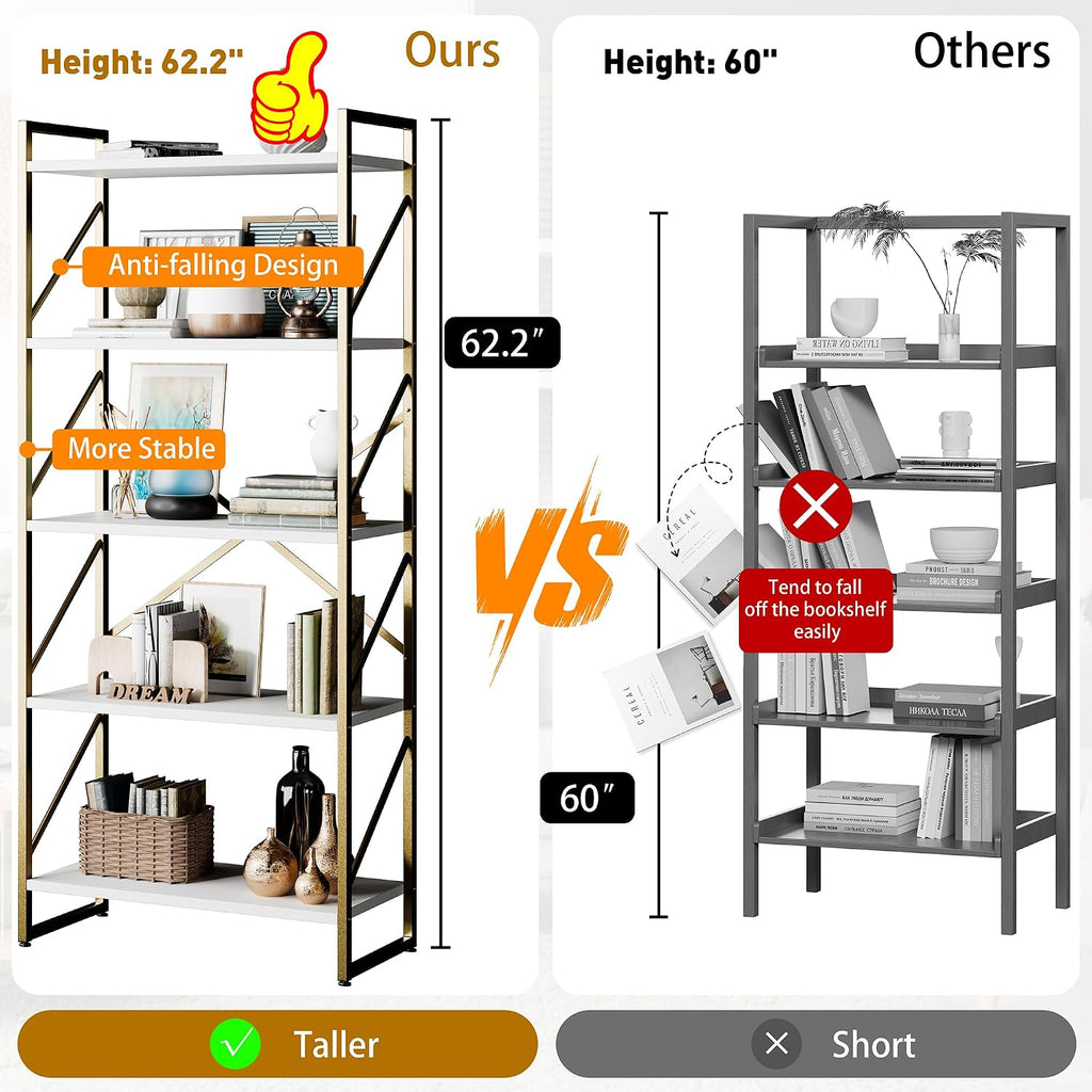 Shintenchi 2 Pieces 5 Tiers Bookshelf, Classically Tall Bookcase Shelf, Industrial Book Rack, Modern Book Holder in Bedroom/Living Room/Home/Office, Storage Rack Shelves for Books/Movies-Gold