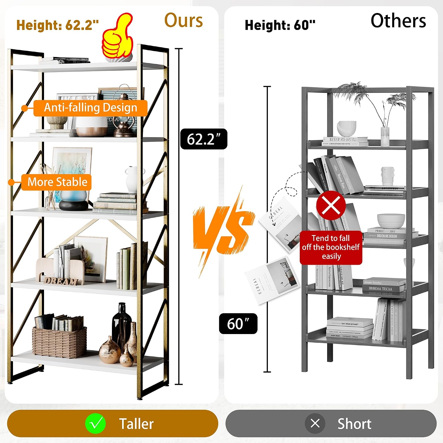 Shintenchi 2 Pieces 5 Tiers Bookshelf, Classically Tall Bookcase Shelf, Industrial Book Rack, Modern Book Holder in Bedroom/Living Room/Home/Office, Storage Rack Shelves for Books/Movies-Gold