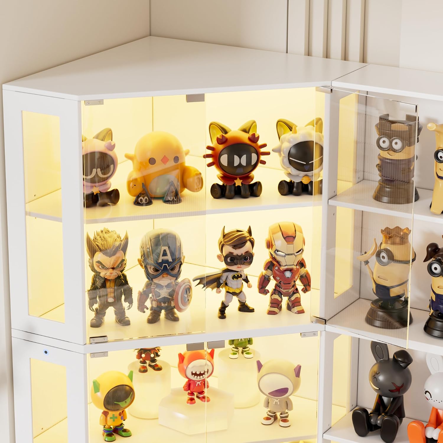 Corner Display Cabinet with Glass Doors, 71' Lighted Curio Cabinet with 3 Color Lights for Collectibles, 5-Tier Display Case with Extra Bookcase for Toys, Books (White)