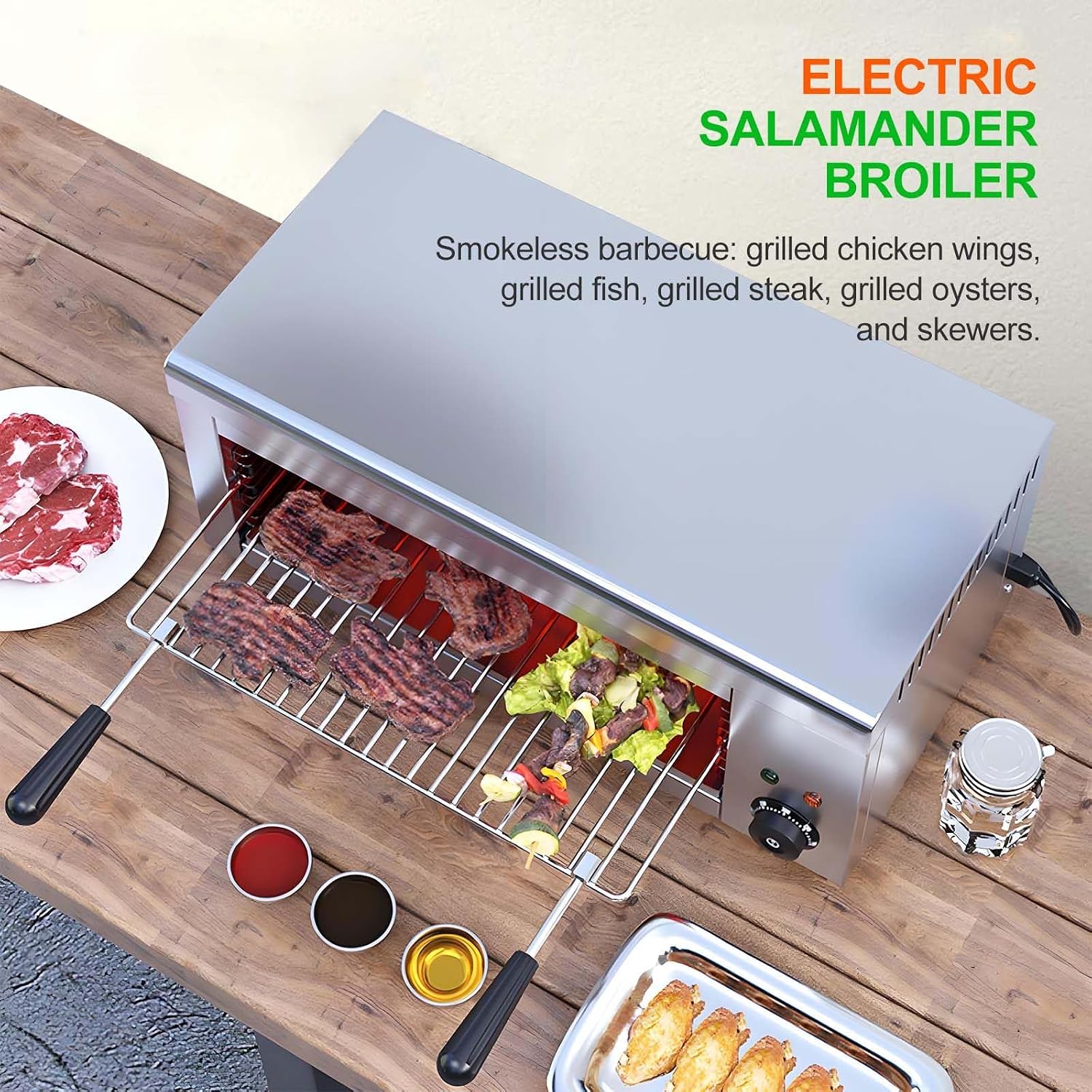 2000W Stainless Steel Electric Grill & Salamander Broiler, Wall Mount/Tabletop, 24'x11.8'x11', Removable Oil Tray, Adjustable Temp 50-300°C for Perfect Steaks & Sandwiches