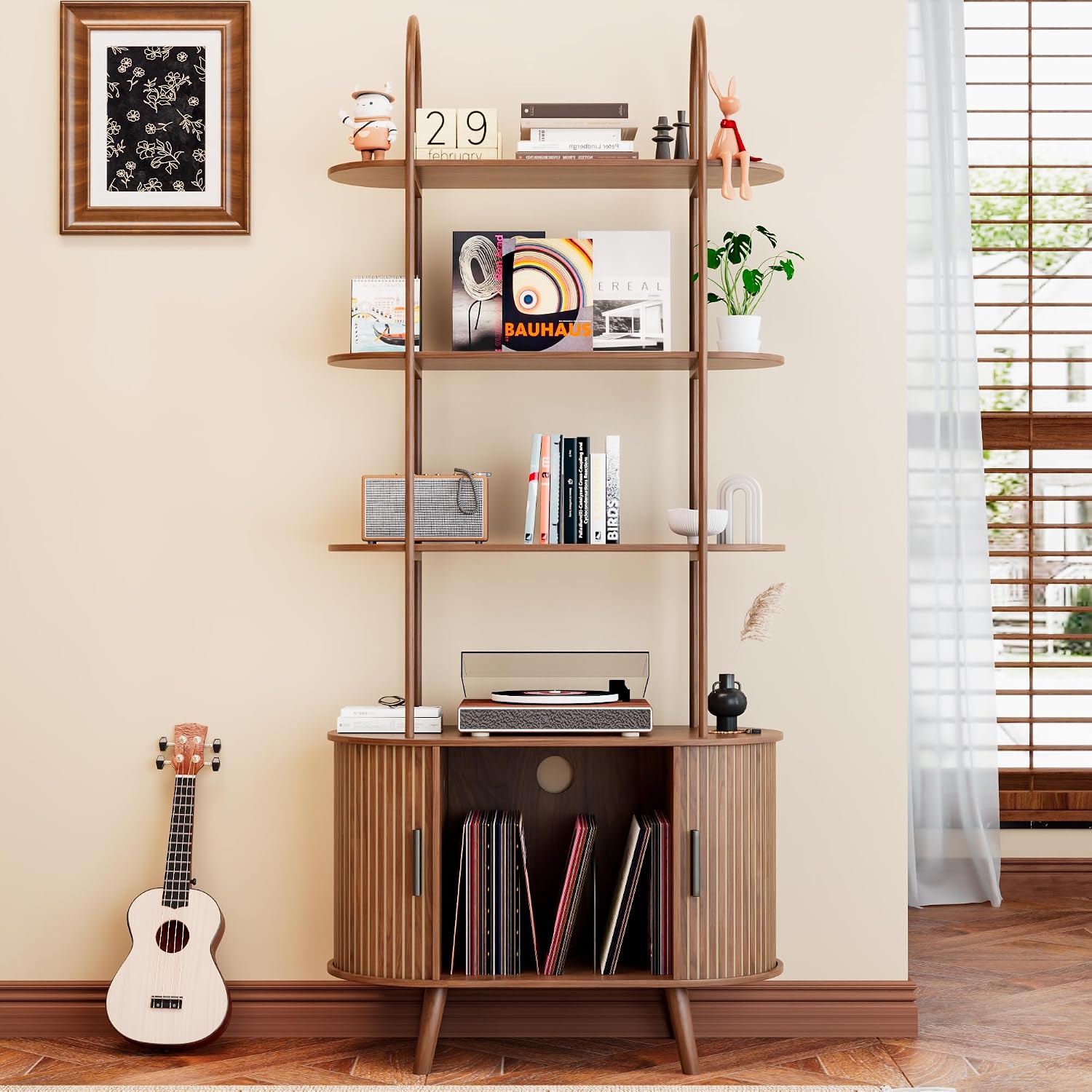 Tall Vinyl Record Player Stand, 4 Tier Arched Bookshelf with Sliding Doors, Retro Small Record Storage Cabinet, Fluted Media Display Shelf, Mid Century Modern Turntable Stand for Living Room, Walnut
