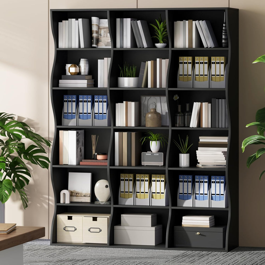 Gyfimoie 71' Triple Wide Bookshelf, 6 Tier Tall Bookcase with Storage, Large Book Shelves with 18 Open Display Shelves, Black Bookcase for Living Room, Study, Home Office, Library (Black)