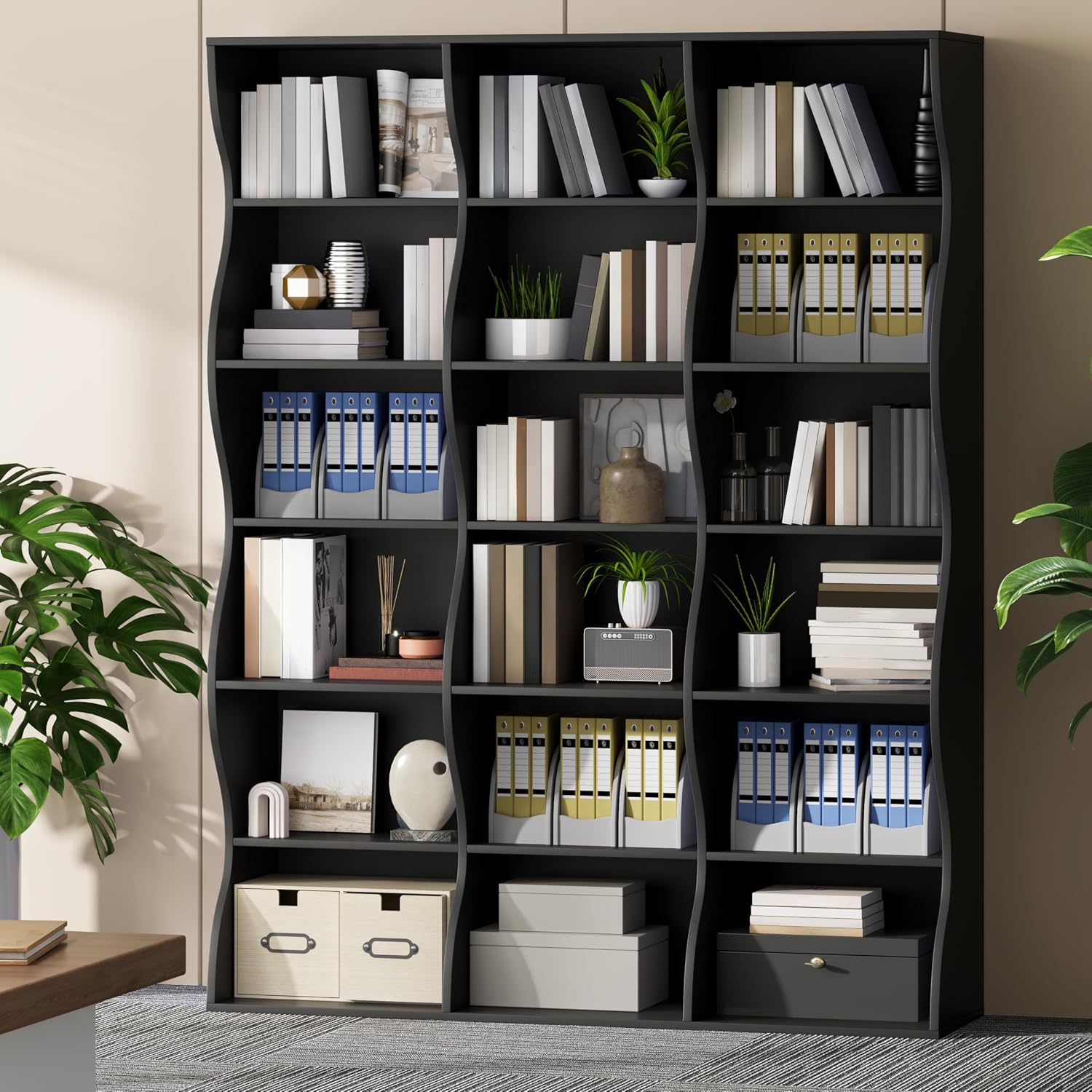 Gyfimoie 71' Triple Wide Bookshelf, 6 Tier Tall Bookcase with Storage, Large Book Shelves with 18 Open Display Shelves, Black Bookcase for Living Room, Study, Home Office, Library (Black)