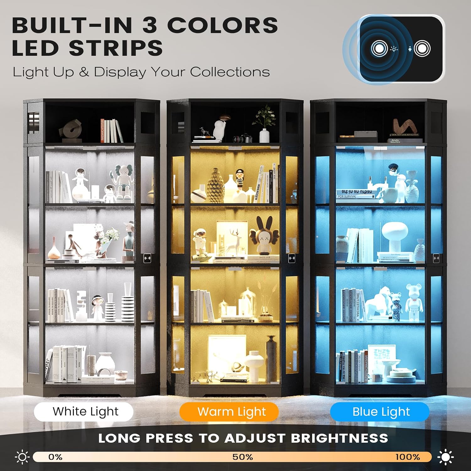Corner Display Cabinet with Glass Doors, 71' Lighted Curio Cabinet with 3 Color Lights for Collectibles, 5-Tier Display Case with Human Body Sensor for Toys, Books, Black