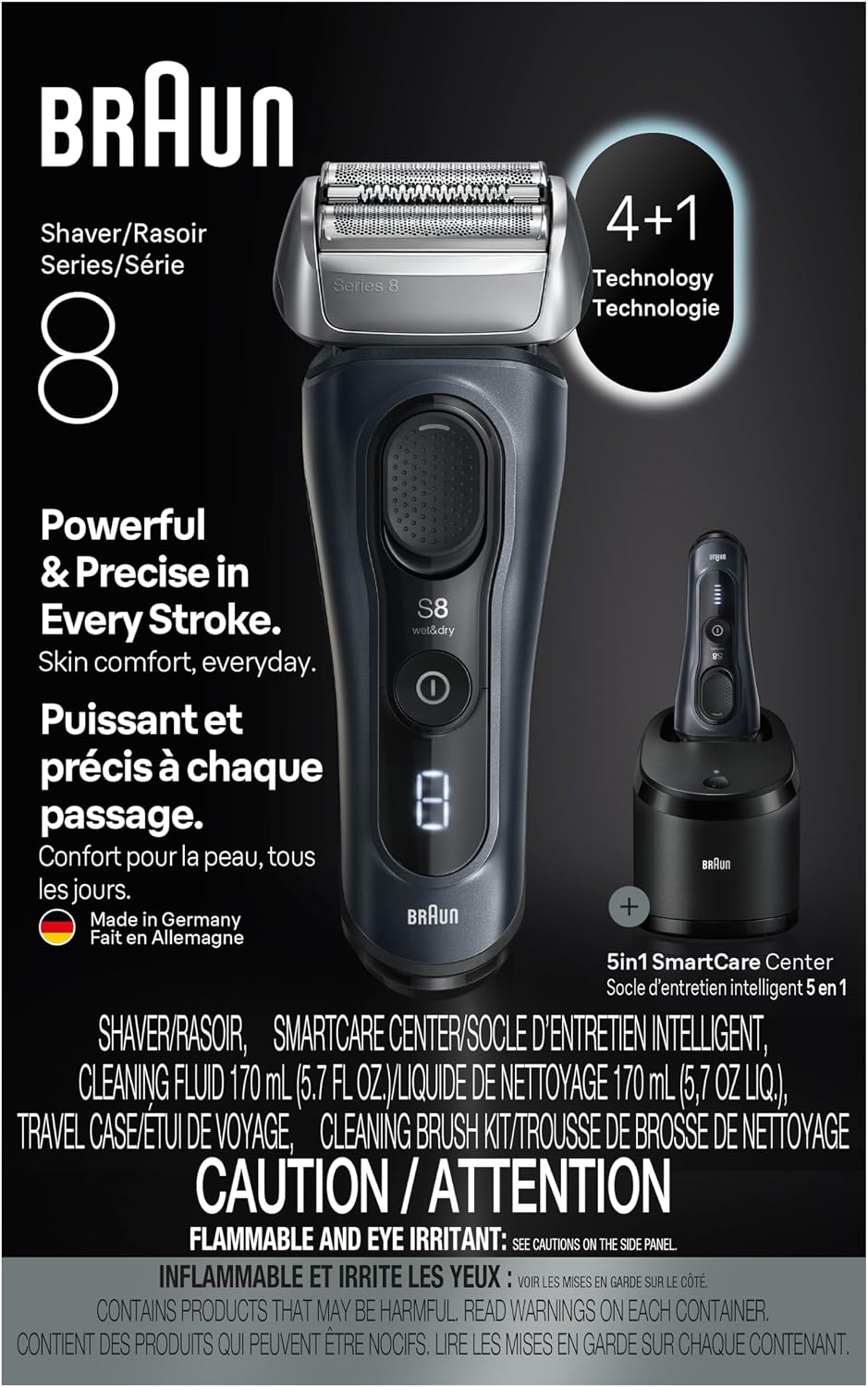 Braun Series 8 8560cc Electric Razor for Men, 4+1 Shaving Elements & Precision Long Hair Trimmer, 5in1 SmartCare Center, Close & Gentle Even on Dense Beards, Wet & Dry Electric Razor, 60min Runtime