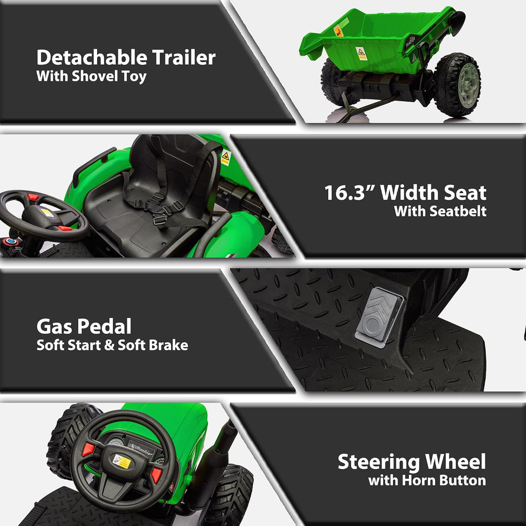 sopbost 24V 10Ah Ride On Toy for Big Kids 6+ 2WD Ride On Tractor with Electric Trailer, Remote Control, Extra Large EVA Wheels, 200 Lbs Load Capacity, Rear Suspension - Green