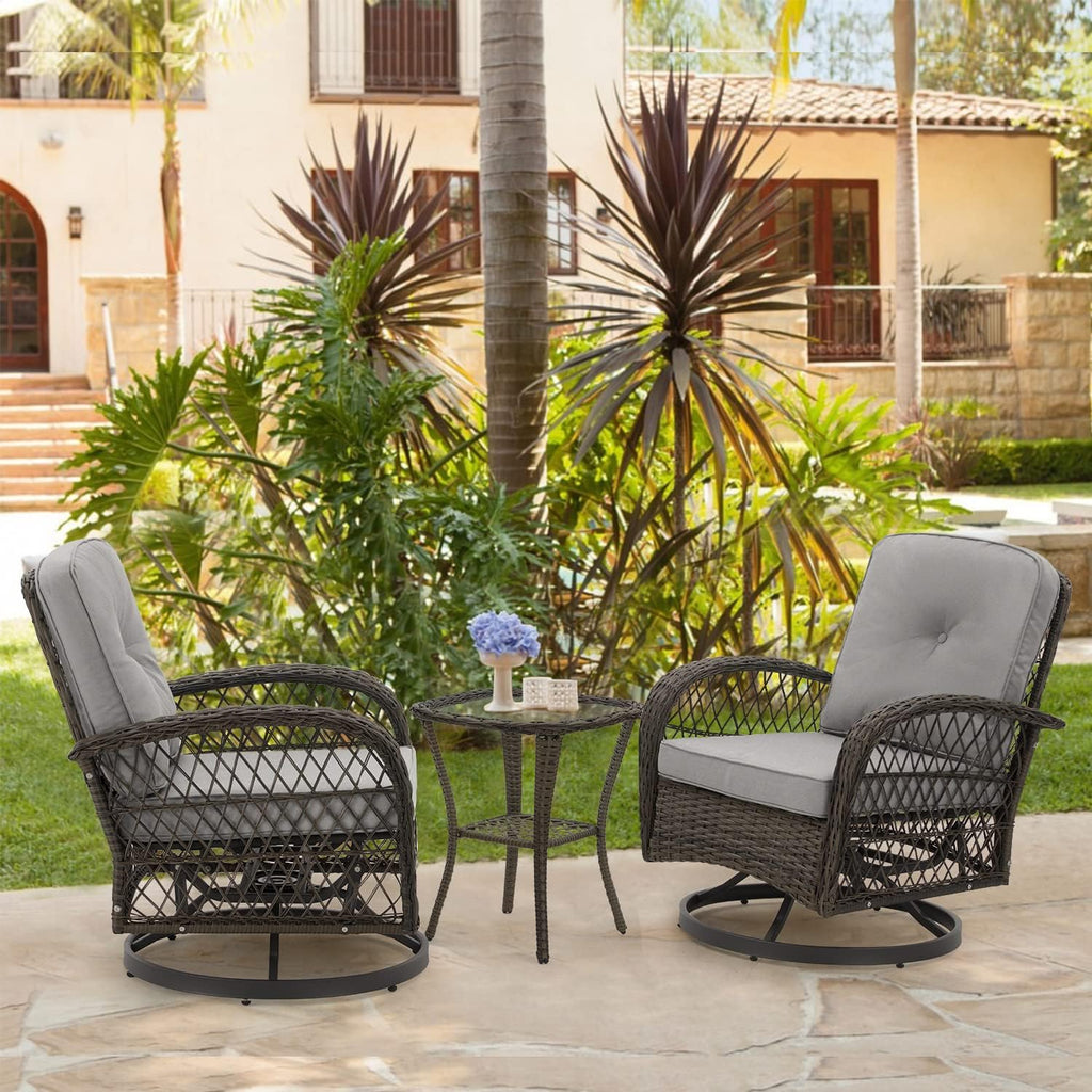 EROMMY 3 Pieces Outdoor Swivel Rocker Patio Chairs, 360 Degree Rocking Patio Conversation Set with Thickened Cushions and Glass Coffee Table for Backyard, Grey