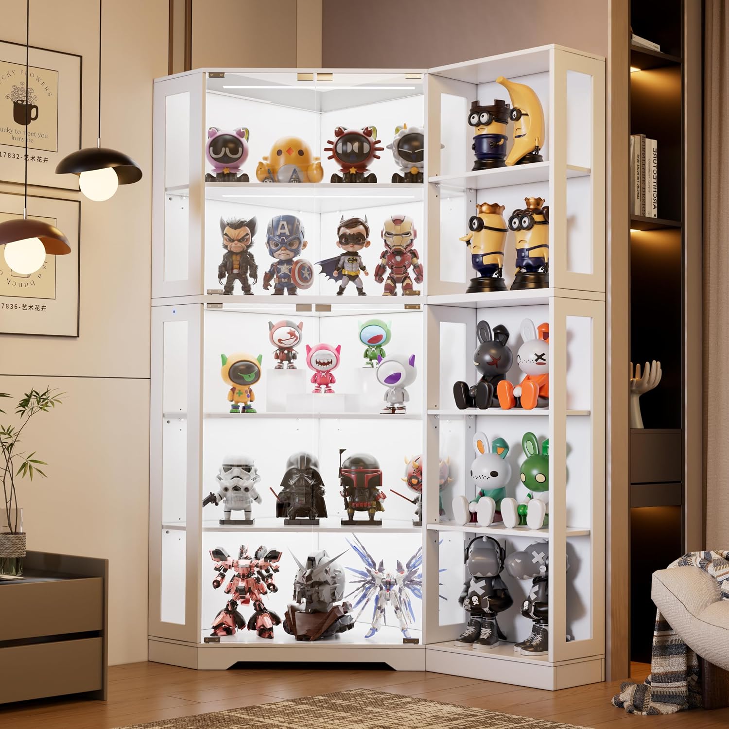 Corner Display Cabinet with Glass Doors,5-Tier Curio Cabinet with 3 Color Lights for Collectibles,71' Glass Display Case for Toys, Books, Extra Bookcase with 5 Dust-Proof Rack for Living Room, White