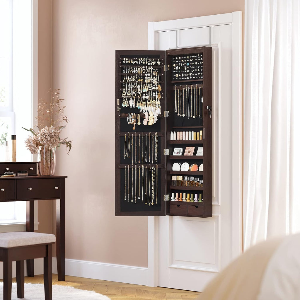 SONGMICS 6 LEDs Mirror Jewelry Cabinet, 47.2-Inch Tall Lockable Wall or Door Mounted Jewelry Armoire Organizer with Mirror, 2 Drawers, 3.9 x 14.6 x 47.2 Inches, Brown UJJC93K